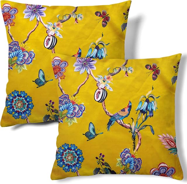 HMS Happy Memories Velvet Pillow Cases Square Decorative Throw Pillow Cover 45x45cm(18x18 Inch) Set of 2 for Couch Sofa Bed Living Room Bedroom (Yellow Bird Boho)