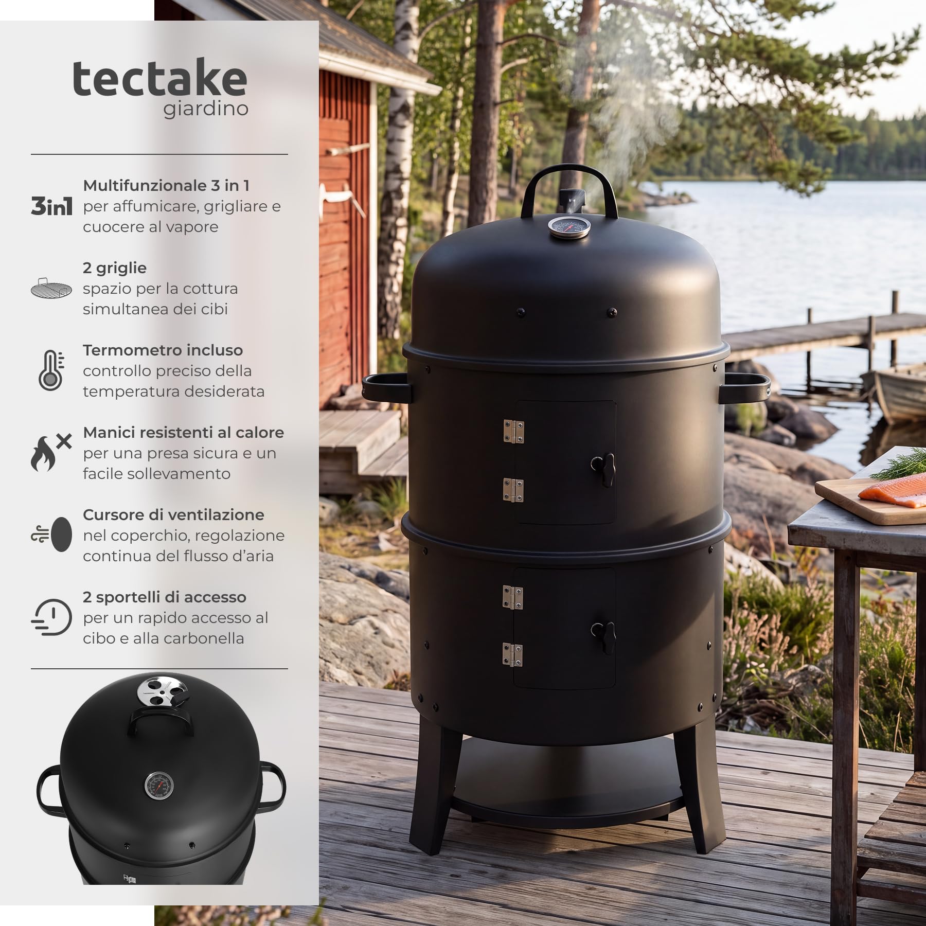 tectake® Affumicatore a Barile Ø 41 cm, 3 in 1, 2 Roste, Con Termometro | Affumicatore da Giardino per Grigliare, Affumicare, Cuocere, Sfiato Regolabile, Griglia Carbonella, Vaschetta Acqua - Nero