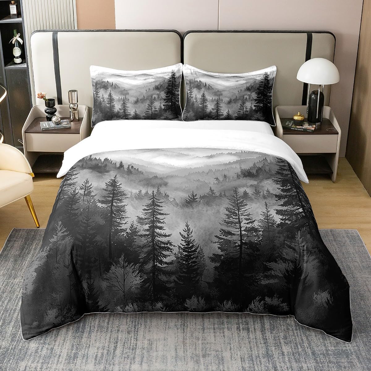 Erosebridal Black White Misty Forest 100% Cotton Duvet Cover Queen Size Jungle Smoky Mountain Bedding Set for Kids Girls Boys Nature Foggy Pine Tree Comforter Cover Rustic Nature Woodland Bedclothes