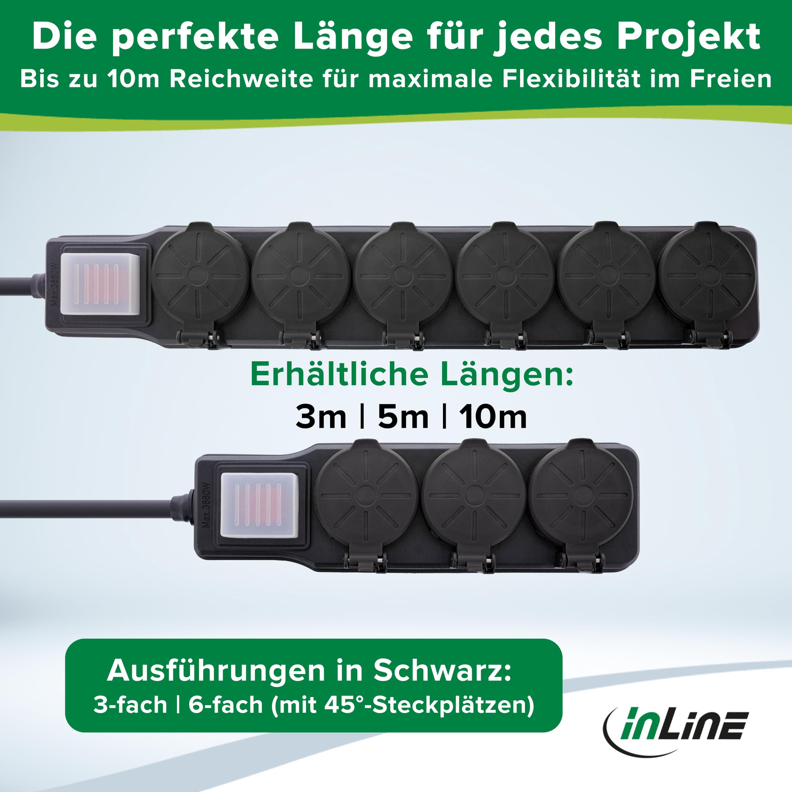 Inline 3-Fach Steckdosenleiste, Außensteckdose, Outdoor, Mehrfachsteckdose, Steckerleiste, IP44, mit beleuchtetem EIN/Aus Schalter, erhöhter Berührungsschutz, Länge: 10m, 16493Q