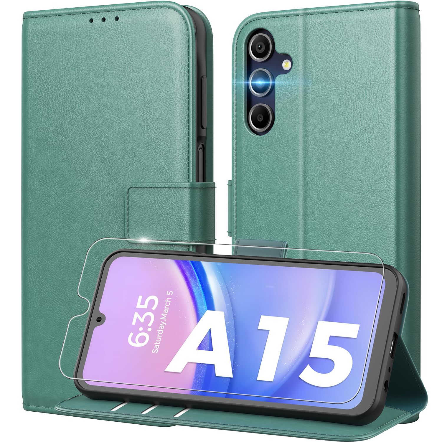 Peakally Handyhülle für Samsung Galaxy A15 5G / A15 4G [Mit 1 Stück Panzer Schutz Glas] [Premium PU Leder] [RFID-Blockierung] [Kartenfach] Klapphülle kompatibel mit A15, Grün