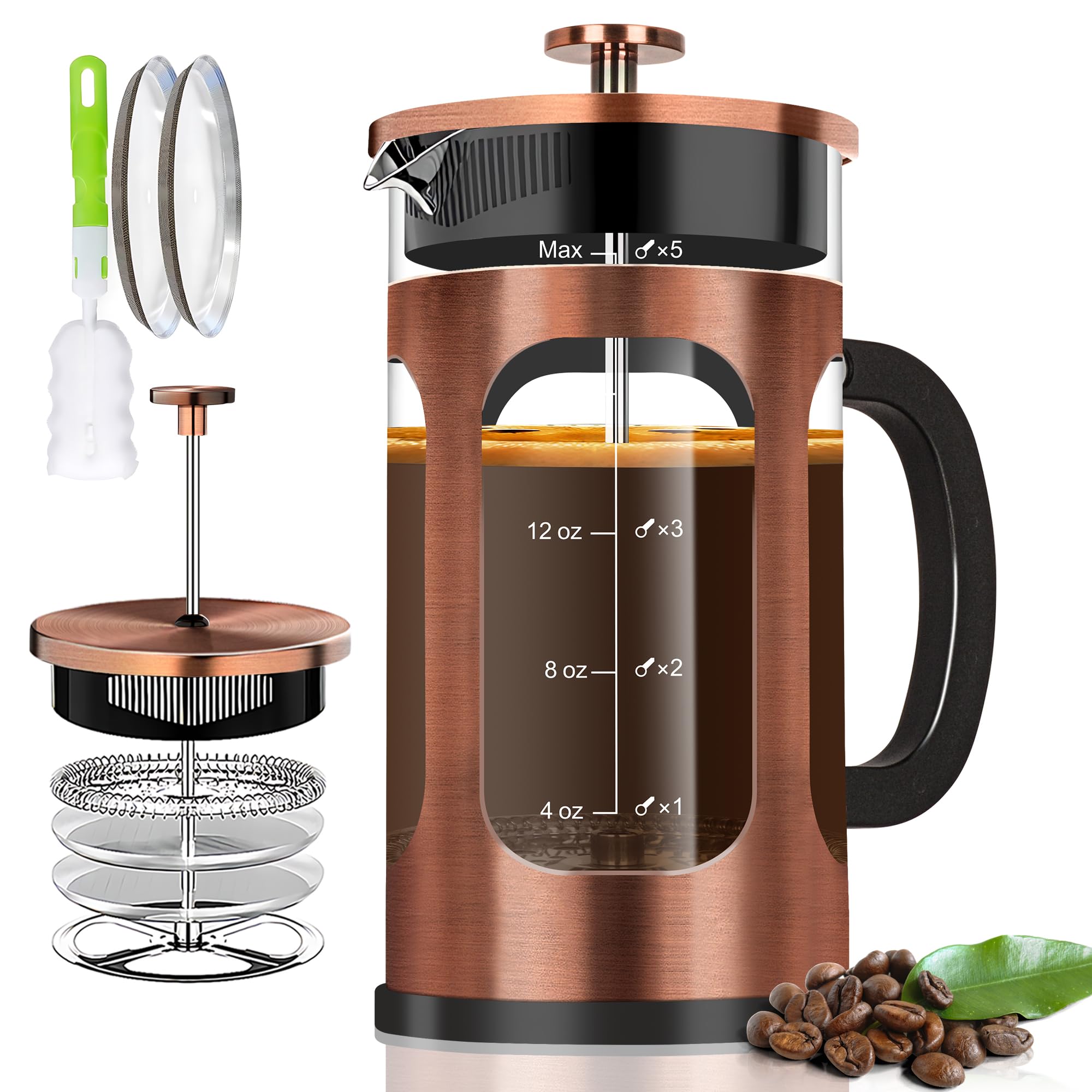 YMMIND Cafetera de prensa francesa (21 onzas, 600 ml, 3-4 tazas), prensa de café, con sistema de 4 filtros, vidrio de borosilicato de grosor resistente al calor, taza de té para café en frío, regalos