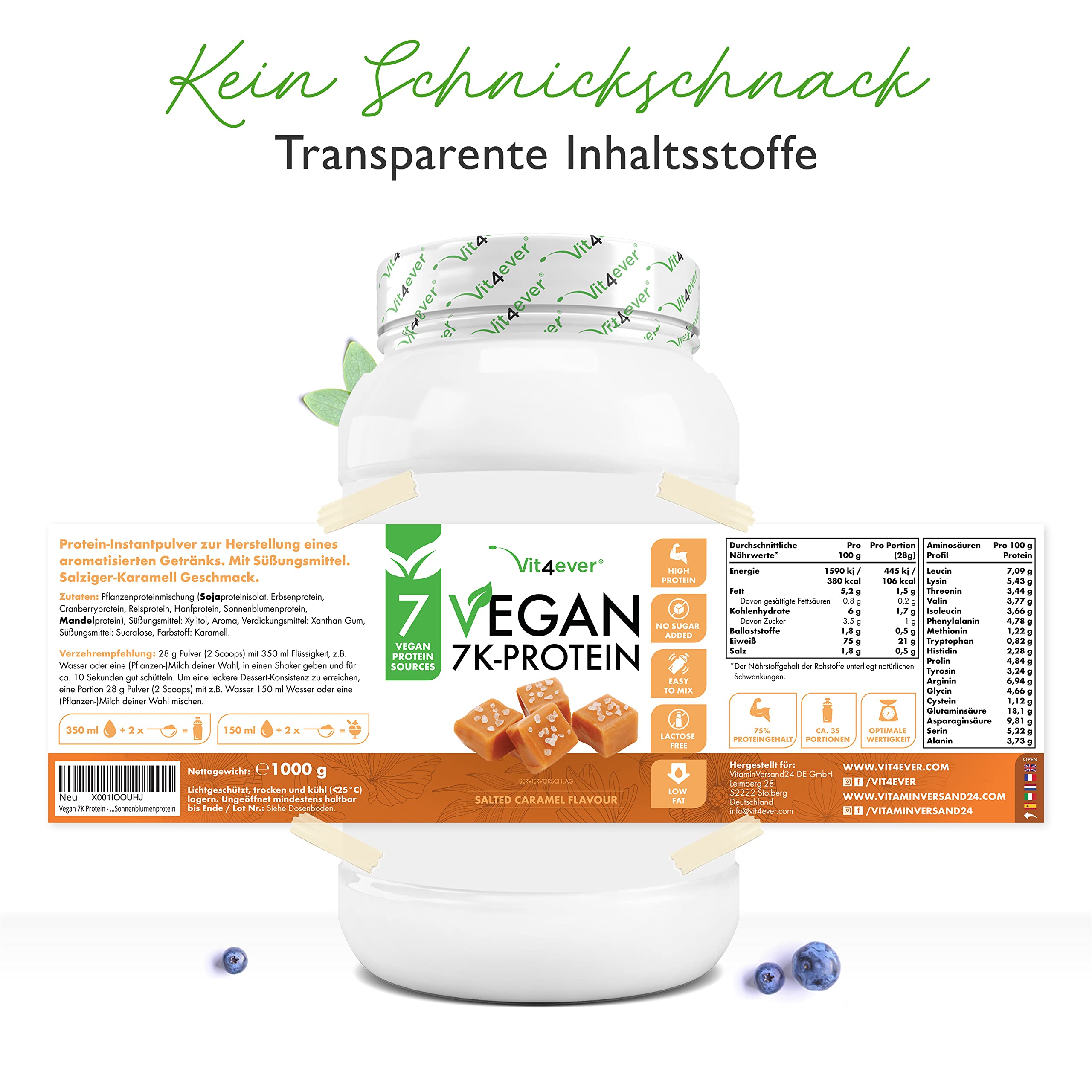 Vegan 7K Protein - 1kg - Salted Caramel - Rein pflanzliches Eiweißpulver mit Reis-, Mandeln-, Soja-, Erbsen-, Hanf-, Cranberry-, Sonnenblumenprotein