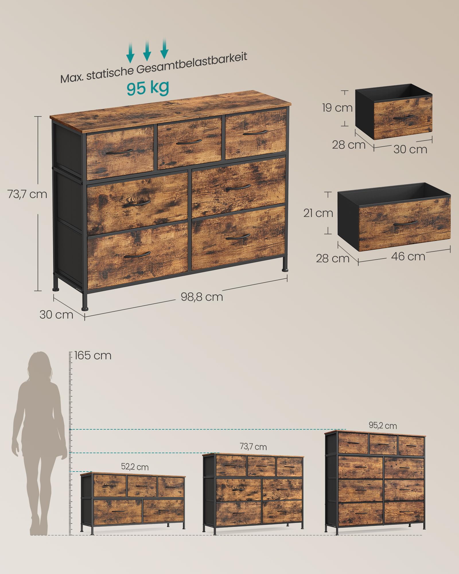 SONGMICS BELLAH Kollektion - Kommode, Schrank, Aufbewahrungsschrank, Stahl, für Schlafzimmer, Flur, Wohnzimmer, 7 Schubladen, Industrie-Stil, vintagebraun-tintenschwarz LGS323BH04