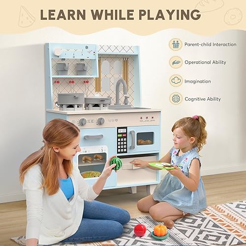 Miniatura 8 de BIERUM Juego de cocina con luces y sonidos realistas, juego de cocina de madera para niños pequeños, cocina de juguete con 26 accesorios de comida y