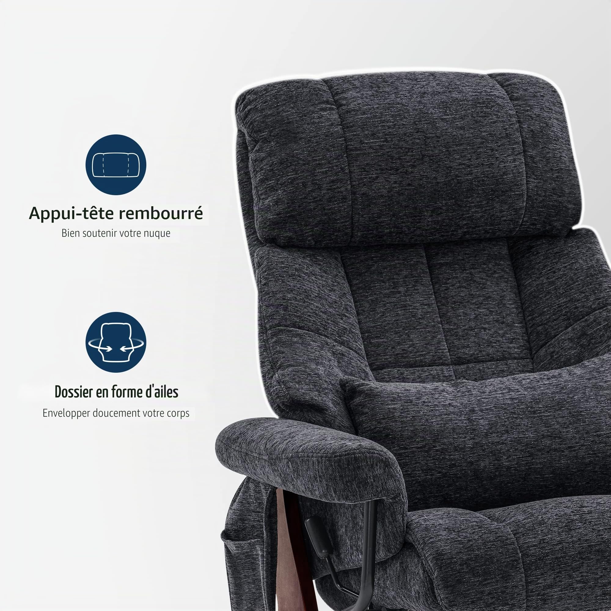 M MCombo 9066 Fauteuil Relax avec Pouf, pivotant,avec Fonction Chaise Longue, avec Coussin et Poche latérale, sans Fonction Massage, Tissu, Gris foncé