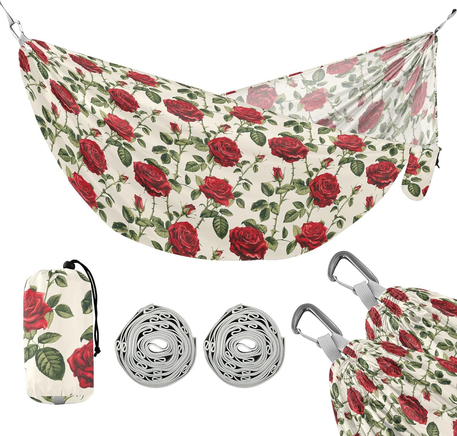 ALAZA Red Rose Flower Camping Hammocks Single or 2 Person 500 lbs Portable Parachute Travel Hammock w/Tree Straps for Hiking Backpacking Indoor Outdoor