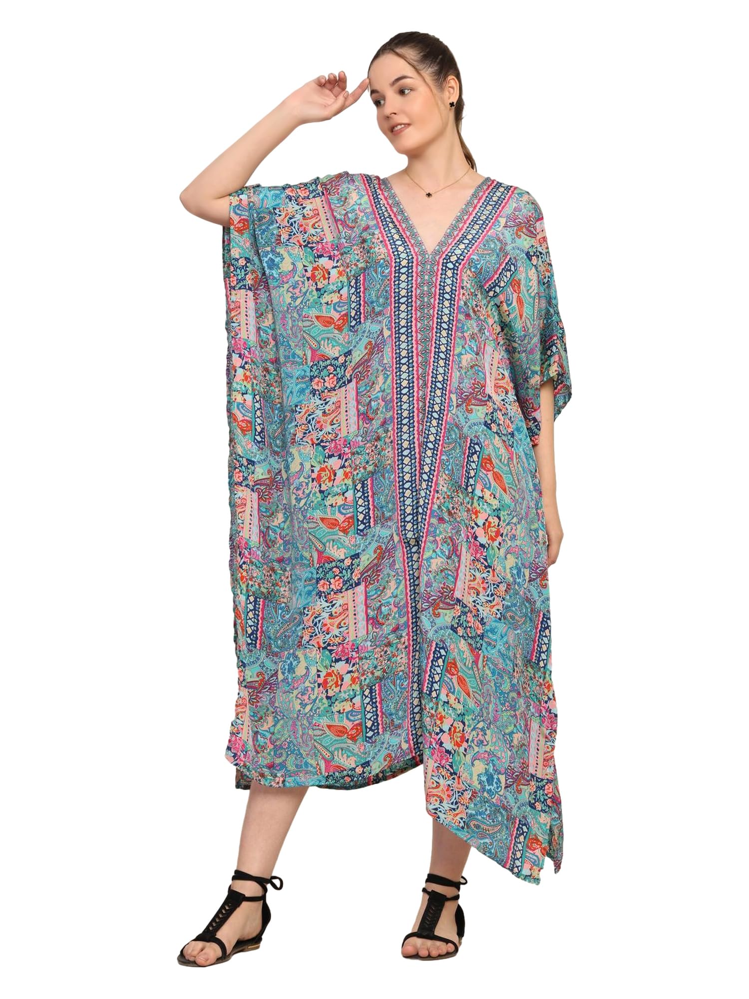 KE KANHA EXPORTS Long Kaftan for women's & girls unique border design and tassel stretchable adjustable drawstring free size western kaftan fit flared floral all seasons-1213 - Image 4 thumbnail