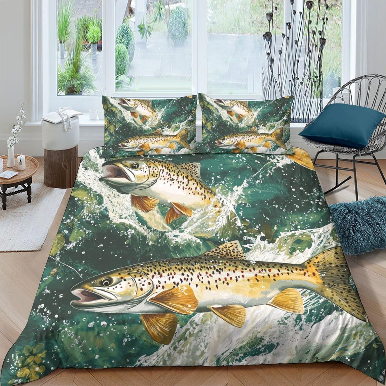 Ctjqhvkz Style-8 3D Printed Lively Trout Fitted Sheet Microfiber Water Splash Mattress Cover Bedroom Decor Protection Single（135X200cm）