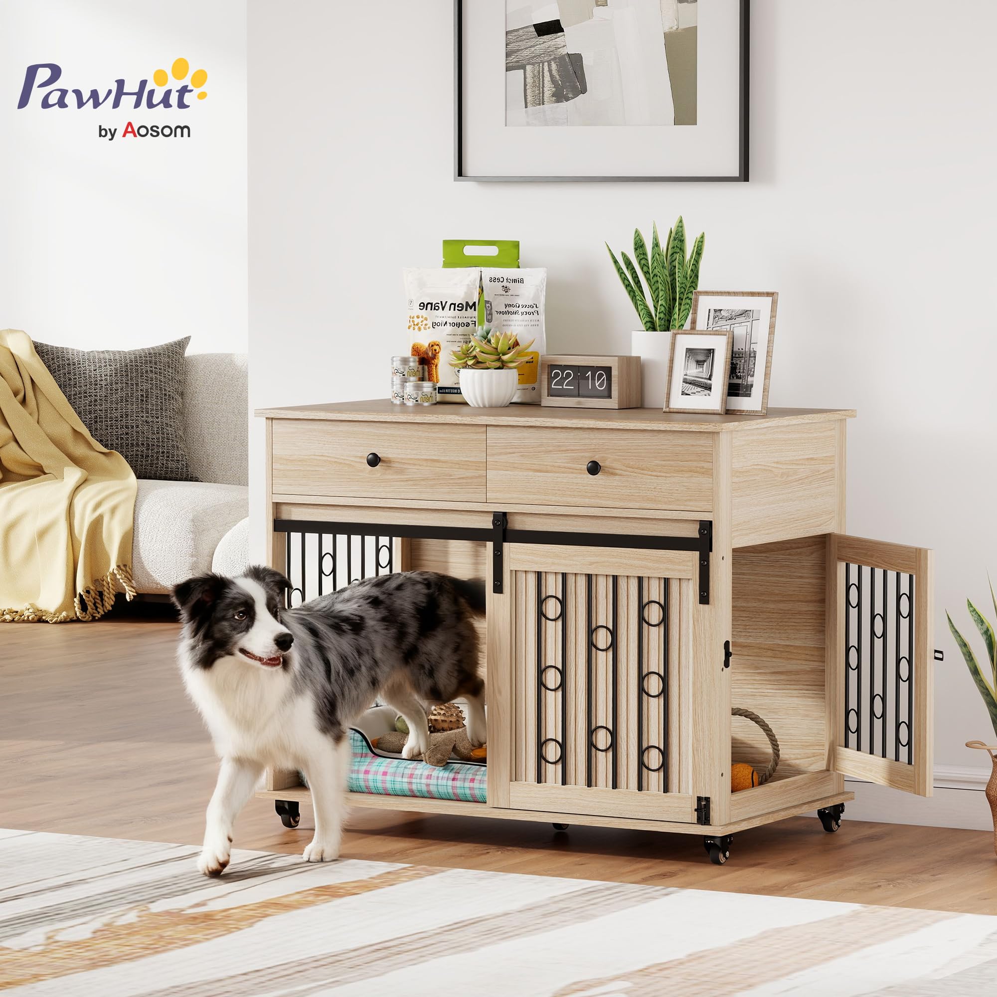 PawHut Jaula para Perros con Ruedas y Mesa Auxiliar, Casa Moderna para Mascotas con 2 Cajones, Cierre y 2 Puertas, para Perros Medianos y Grandes, 100x56x81 cm, Roble