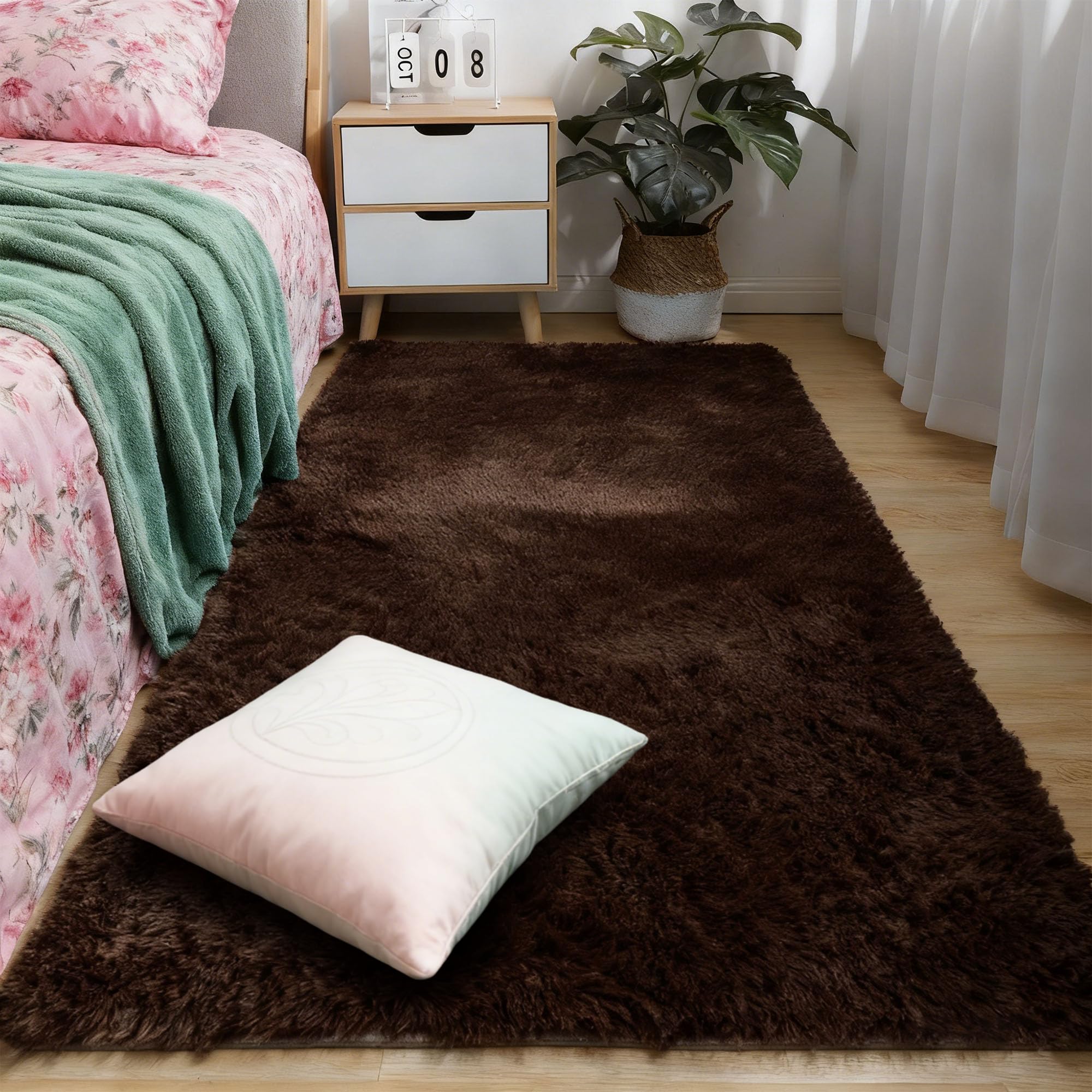 Moderner Hochflor 380 x 580 cm Flauschiger Hochflor Faux Lammfell Schaffell Teppich Waschbar Flauschig Weich Einfarbig Felloptik für Kinderzimmer Teenager Schlafsaal, braun