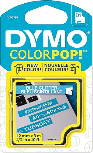 DYMO COLORPOP - Cinta para etiquetar auténtica, 12 pulgada de ancho x 10 pies de largo, impresión blanca sobre purpurina azul, estándar D1