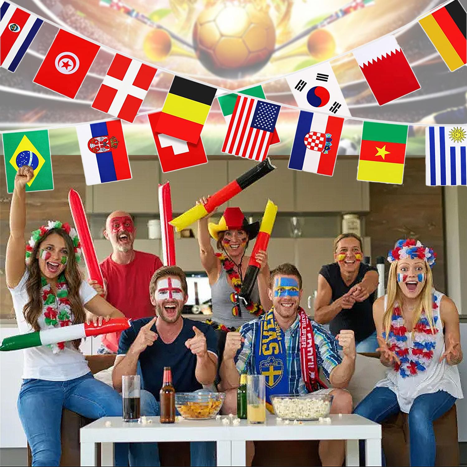 Weltmeisterschaft 2026 Deko-Fahnengirlande mit 48 Nationalflaggen, doppelseitig bedrucktes Wimpelbanner für Fußballpartys, Garten, Bar, Straßenfeste, WM 2026 Deko & Sport-Events