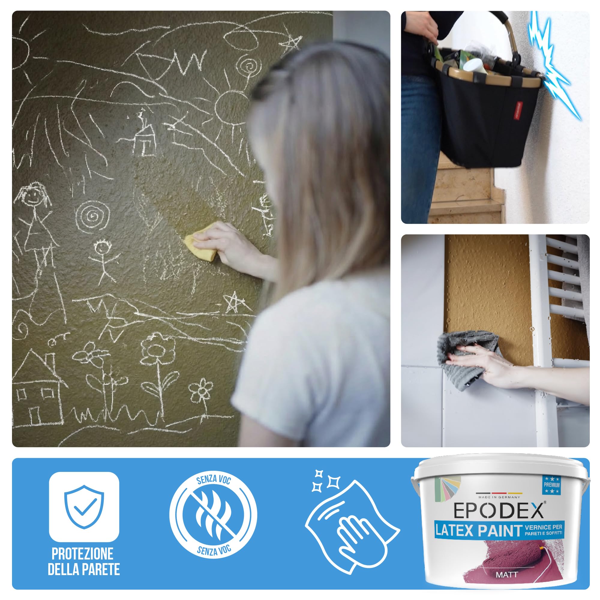 EPODEX Pittura per Pareti Matt, Pittura Lavabile, resistente, traspirante & inodore, per Interni, 3kg (25 m² per mano) - Blu azzurro