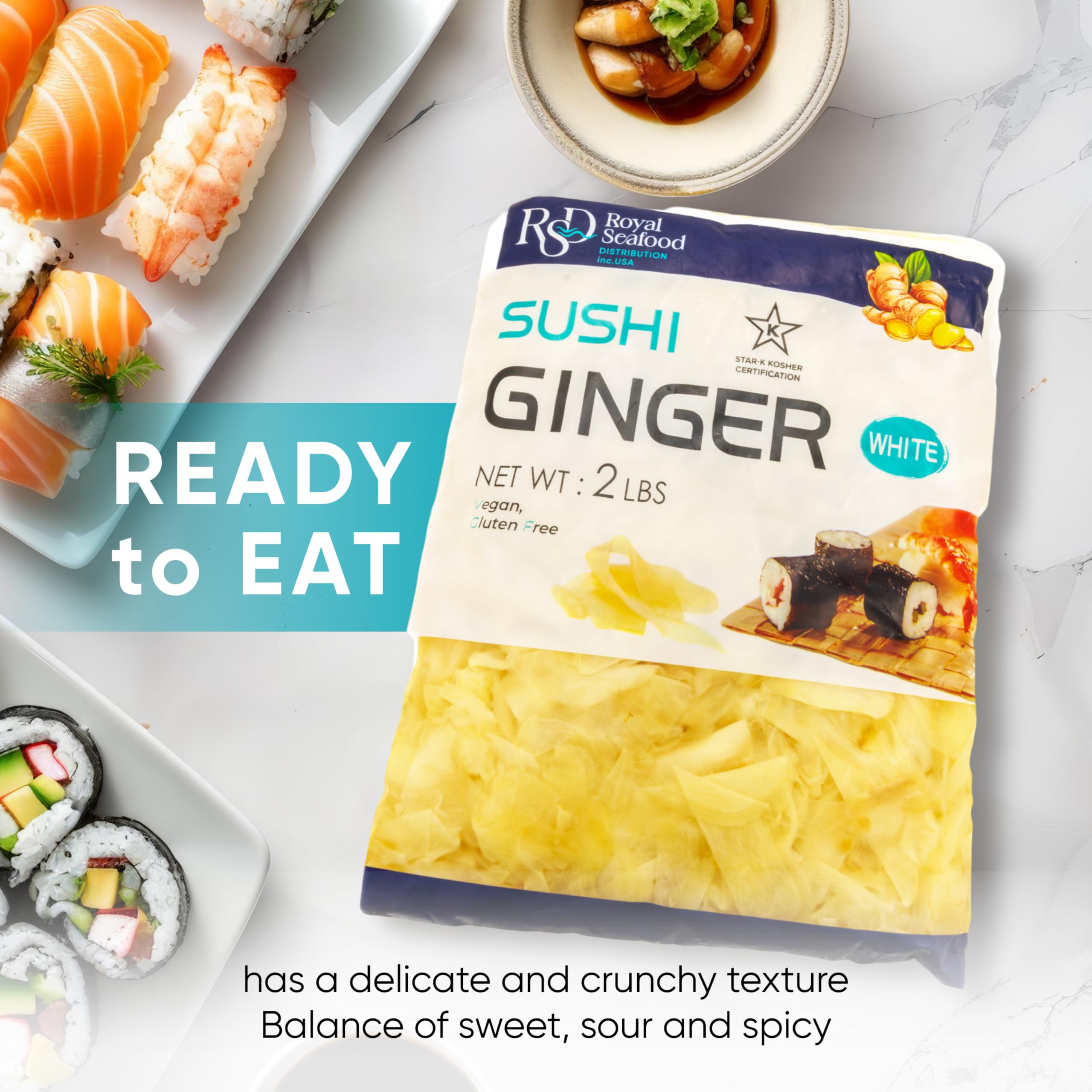 RSD Premium Pickled Sushi Ginger - 2 lb White Gari - Japanese Pickled Ginger for Sushi - Vegan, Kosher, Gluten Free - Sushi Ingredients and Toppings - Organic, Sugar-Free Ginger Slices for Asian Food