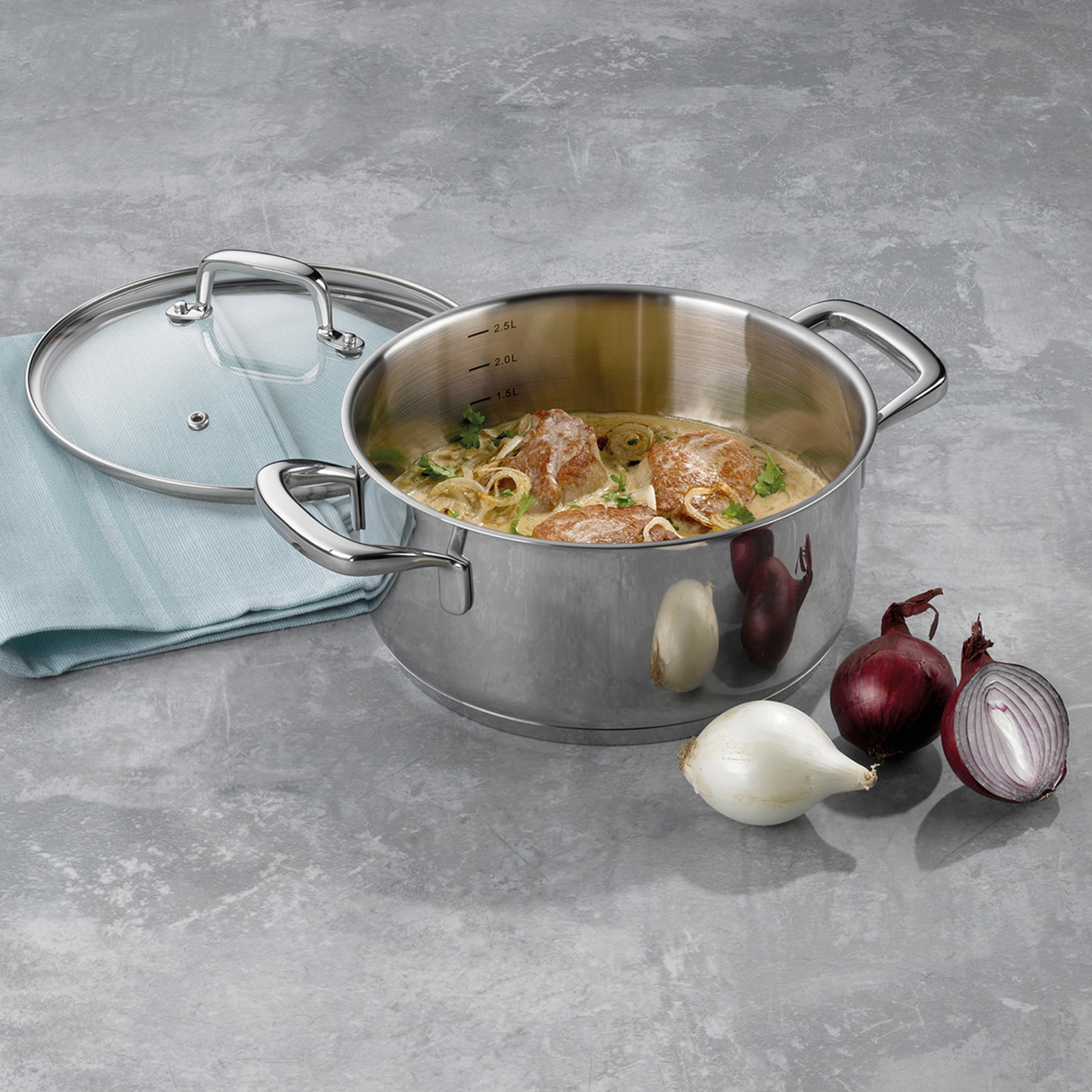 kela Bratentopf 20 cm FLAVORIA, Kochtopf Induktion 2,4 L, Glasdeckel mit Dampfauslassventil, Innenskalierung, Kochtopf klein, unbeschichtet