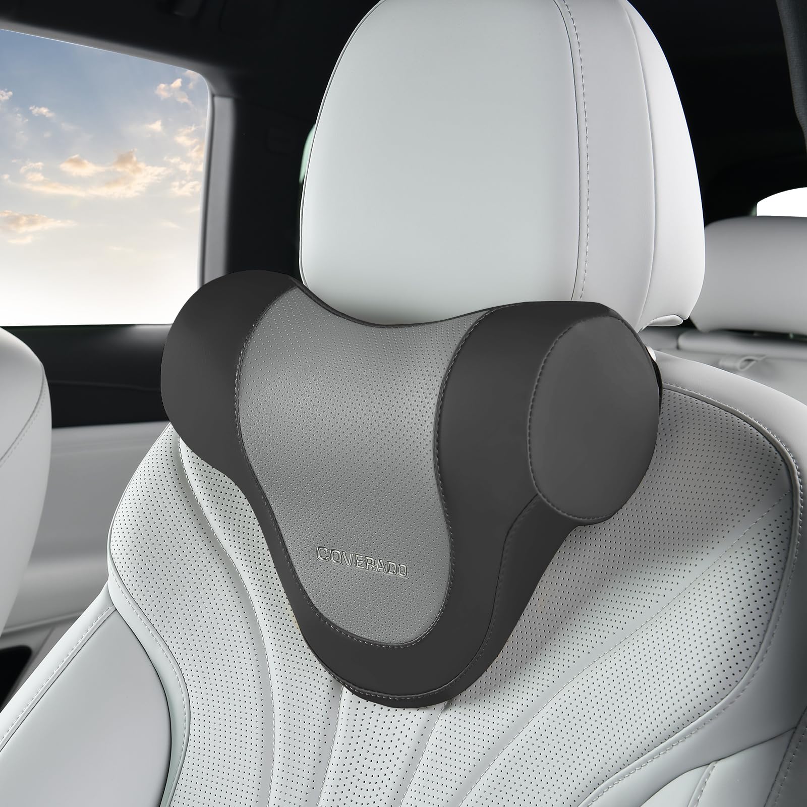 Coverado Car Headrest Pillow, Ergonomic Memory Foam Car Neck Pillow for Driving Seat with Adjustable Strap, Soft PU Leather Breathable Removable Cover Neck Support for Neck Pain Relief