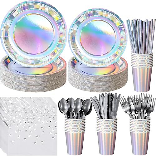 Miniatura 9 de Suministros de fiesta de color rosa iridiscente para 25 unidades, juego de platos y servilletas de papel holográfico rosa intenso, platos de papel
