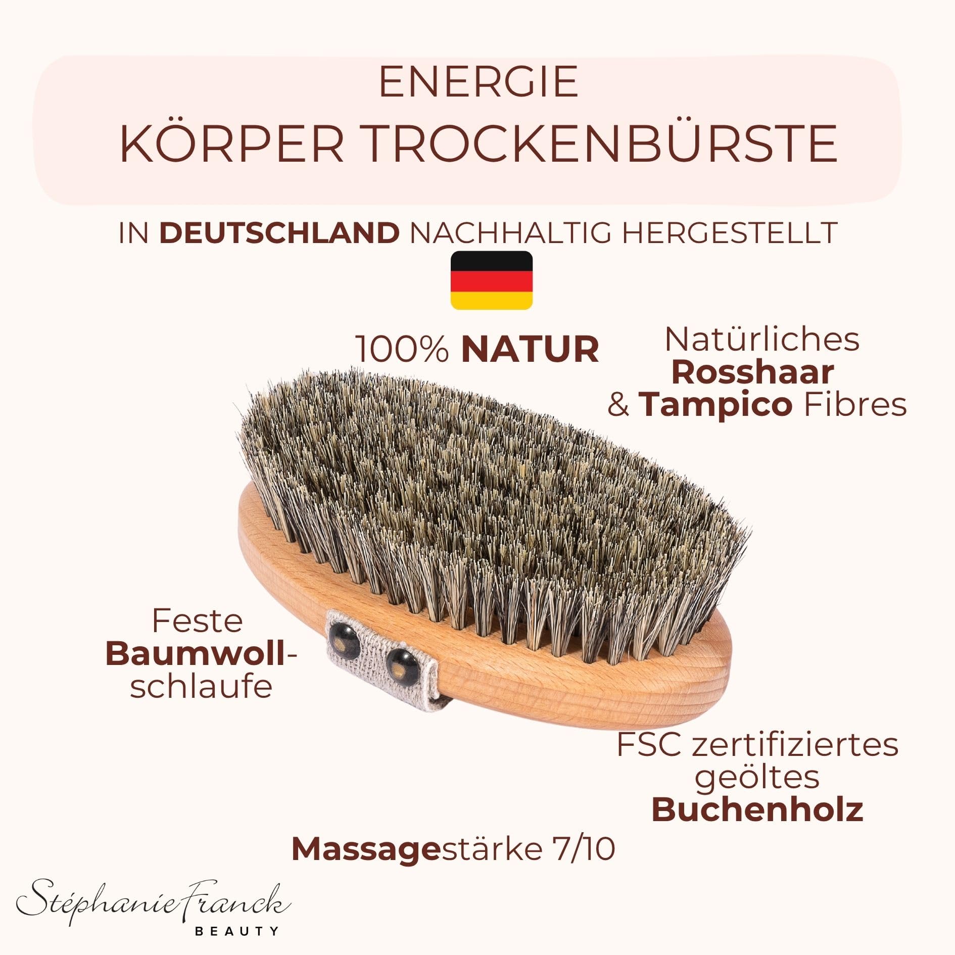 Trockenbürste – Natur Körperbürste aus Rosshaar & Tampico – Lymphdrainage & Peeling – Cellulite Massage – FSC Buchenholz – plastikfrei – Made in Germany