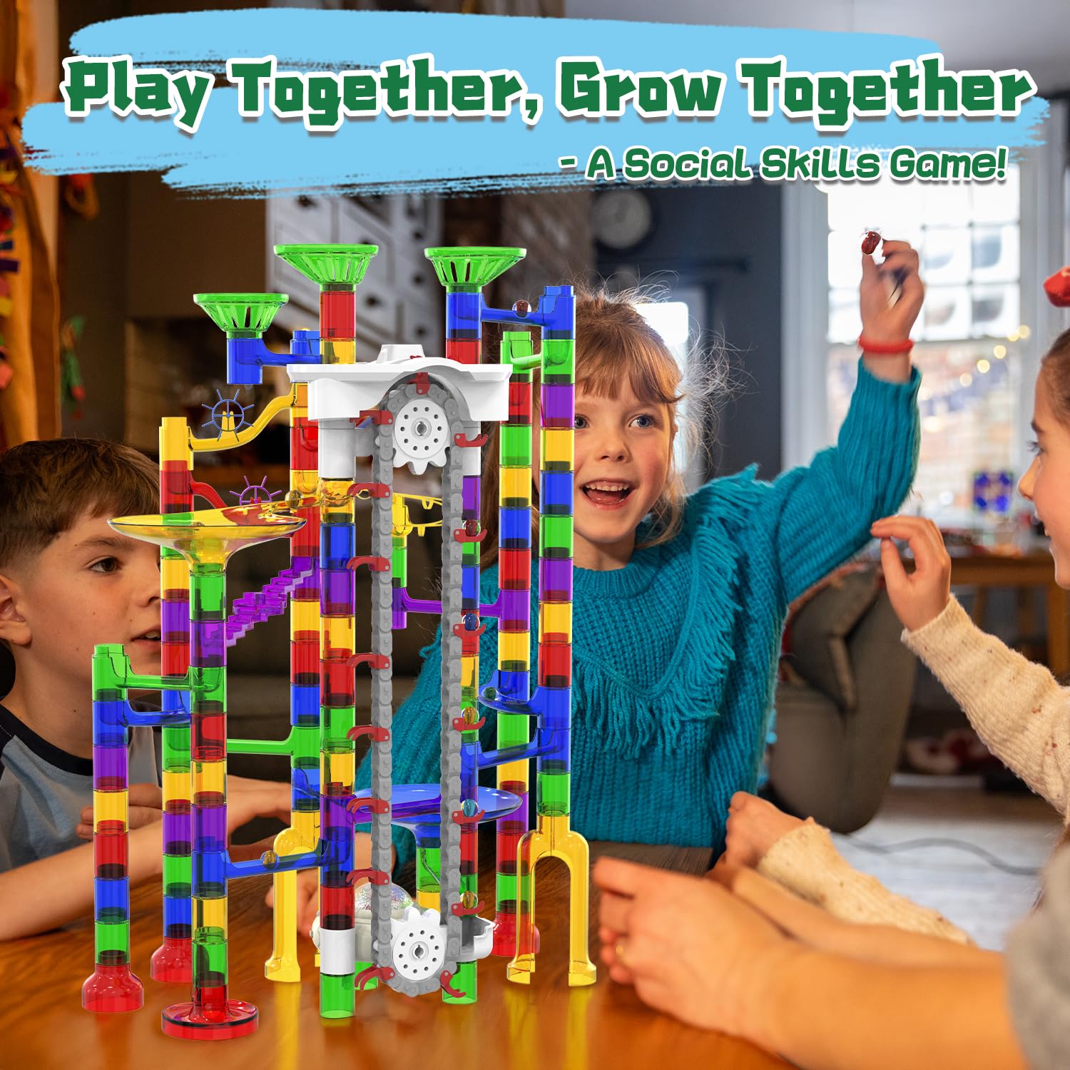 KERUVOTA 219Pcs Elevator Marble Run - Construction Building Blocks Toys Marble Race Track with Marbles, Easter STEM Gifts for Boys Girls Kids 4-12 (A-Colorful)