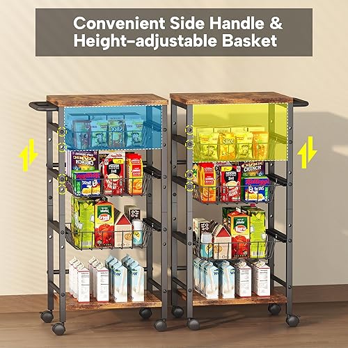 Miniatura 5 de Carrito organizador de aperitivos de 5 niveles con 3 cestas extraíbles de altura ajustable y 2 estantes de almacenamiento, organizador de cocina y