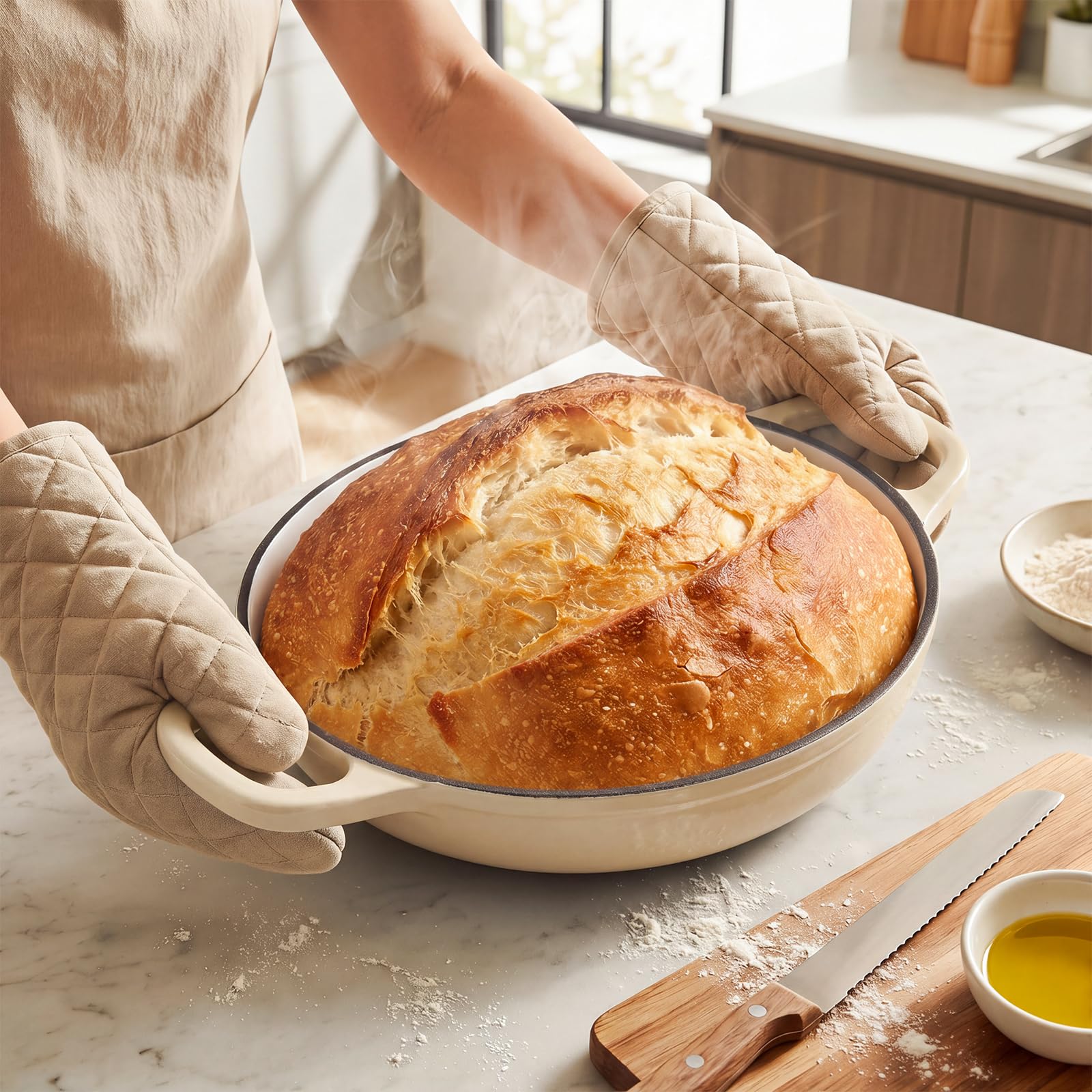 Warmiehomy Gusseisen Topf, 4.4L Emaille Brotbacktopf mit Gewölbter Deckel