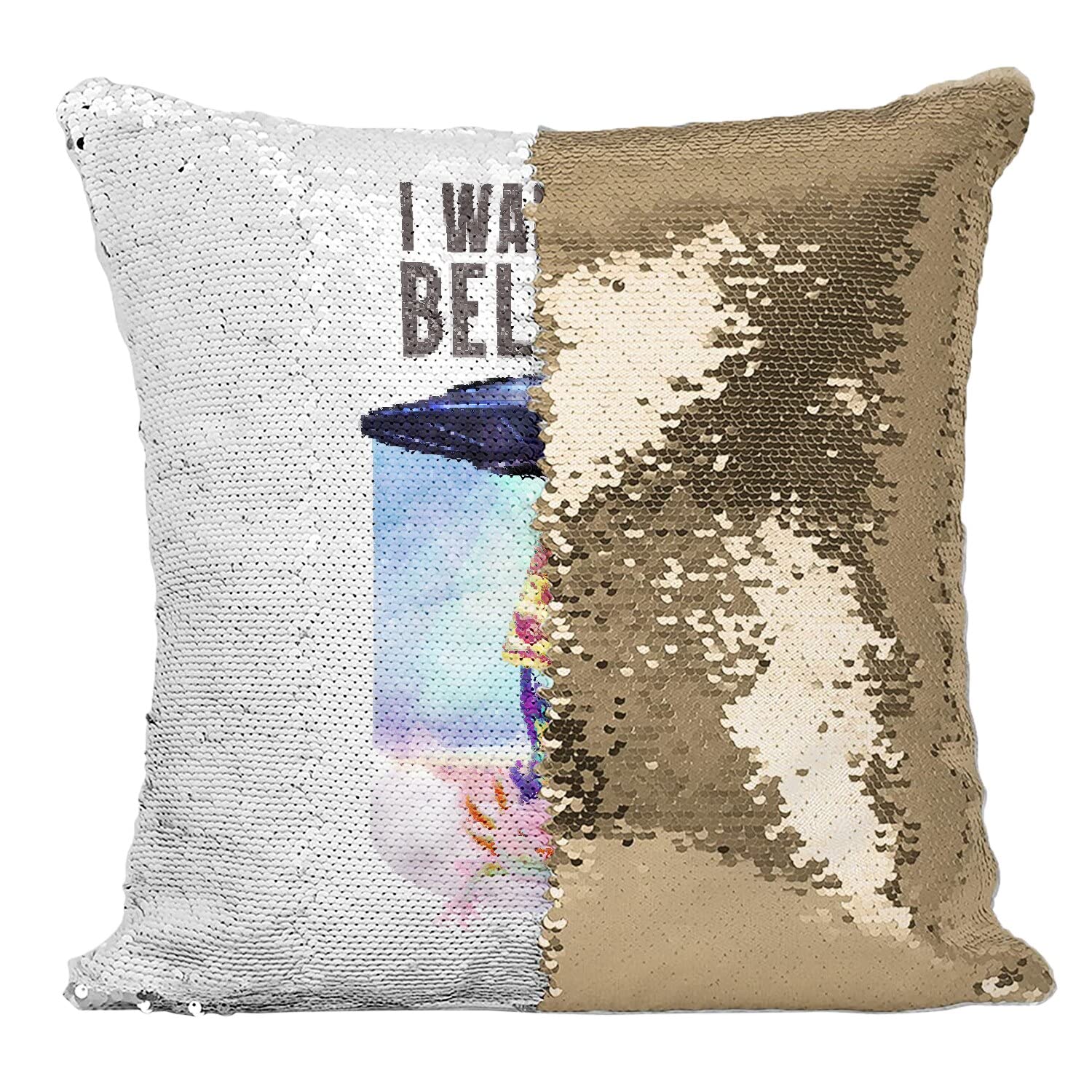 Coussin paillettes doré housse sequin motif chat pizza extraterrestre collage vintage humoristique