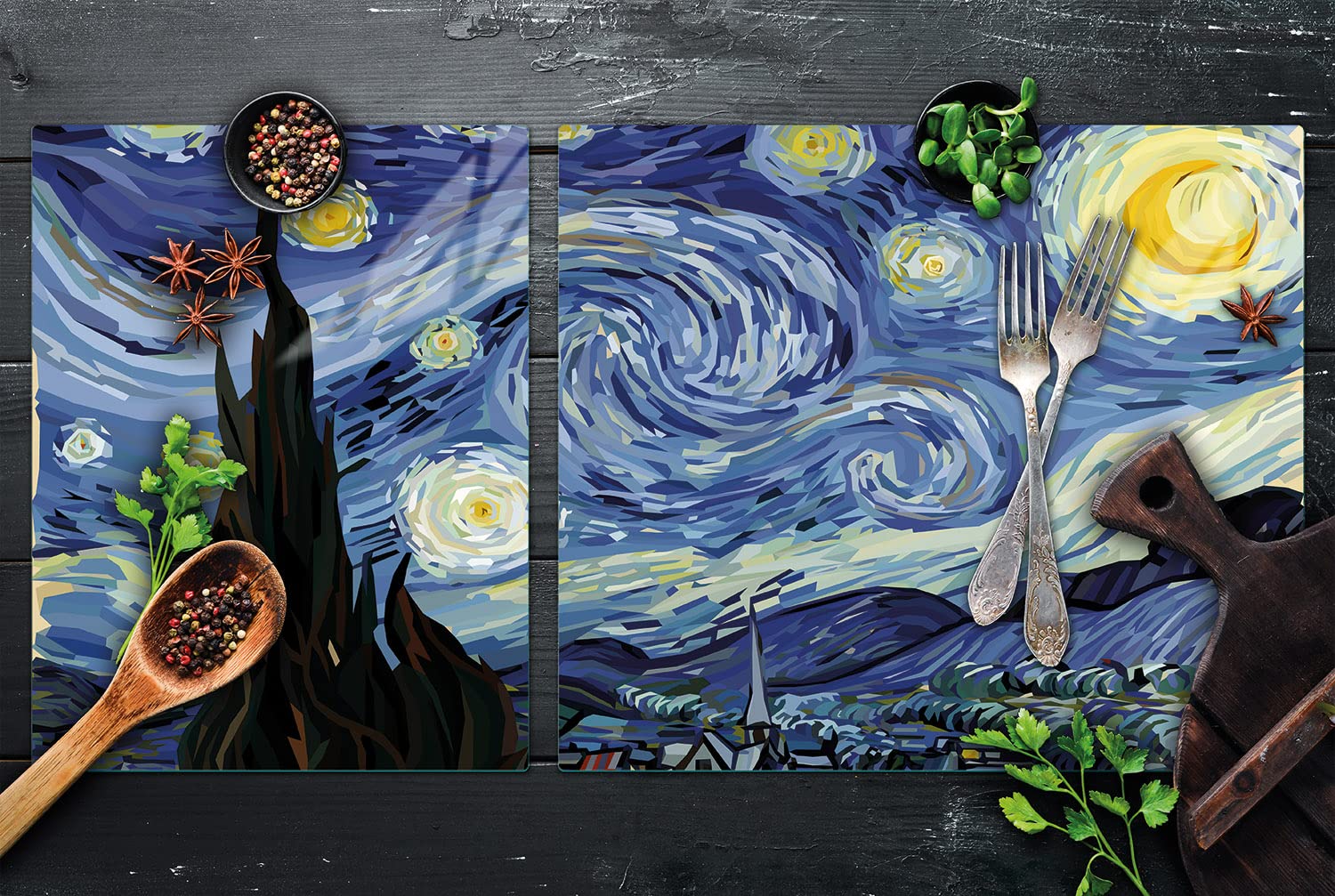 Piastre di copertura per piano cottura in ceranfeld 2 pezzi 100x52 cm | copertura per piano cottura cottura elettrico a induzione | paraschizzi | tagliere in vetro | Pezzo d'arte