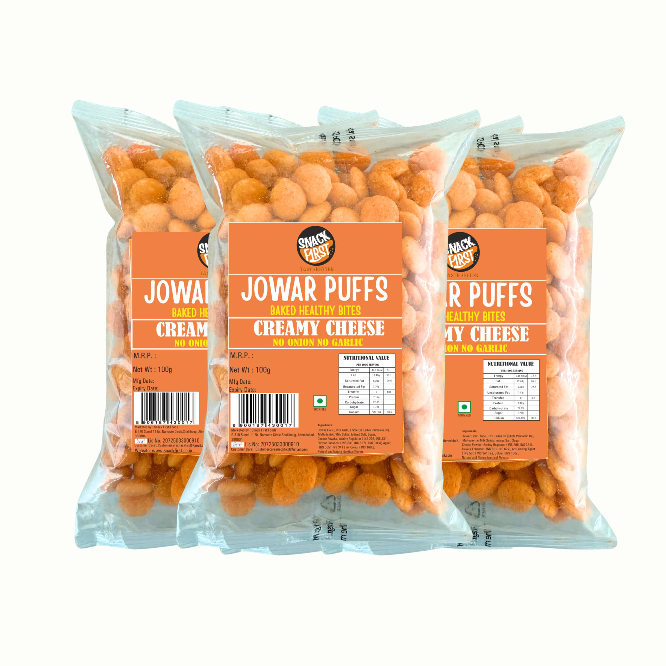 Snack First Baked Jowar Puffs Combo Of 3 Creamy Cheese, No Onion No Garlic, Jain, Puffed Jowar Puffs Healthy Snack, Diet-food, Low Calorie, Nutritious Snack, Healthy Namkeen, Each 100g, Pouch-image-18
