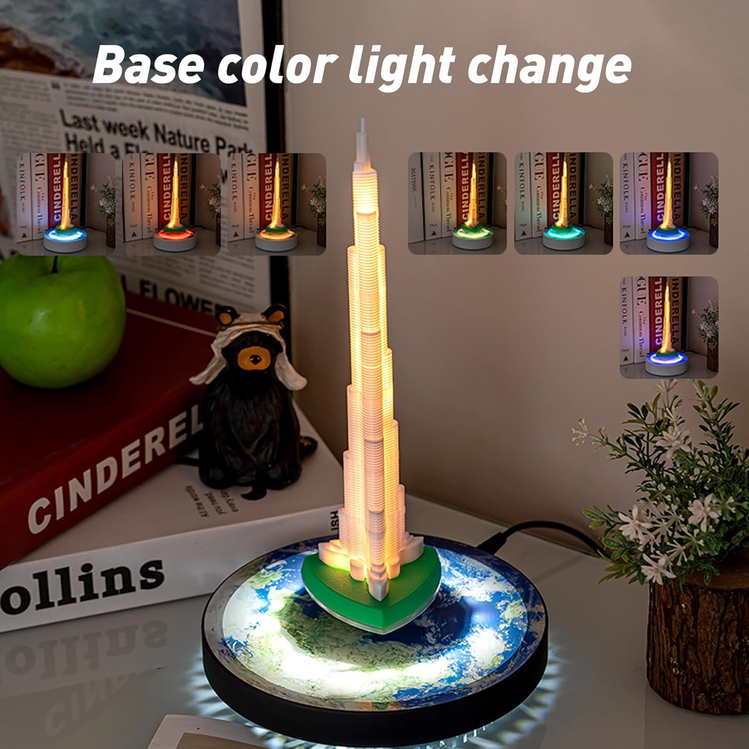 SinSed-Levitating Burj Dubai -7 Colors, Rotating in The air, Adjustable Brightness, Realistic Texture, Wireless Power Supply, Unique Gift for Room Decoration, Desk, tech Toys, medium size, White