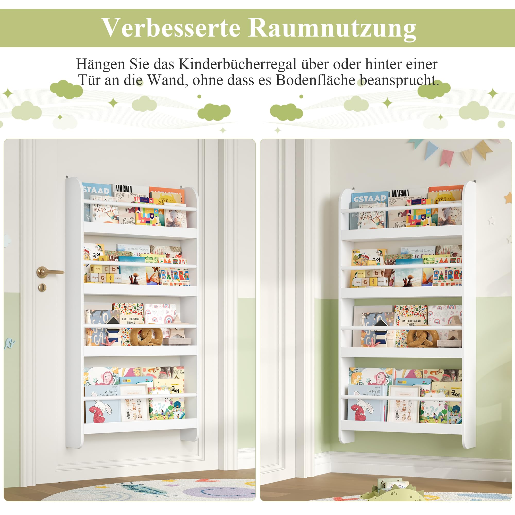 FOREHILL Bücherregal Kinder, Wandregal mit 4 Ablagen, Kinderregal für Bücher Spielzeug, Hängeregal Dekoregal für Kinderzimmer Leseecke, Aufbewahrungsregal aus Holz, HBT: 111x58x12cm, weiß