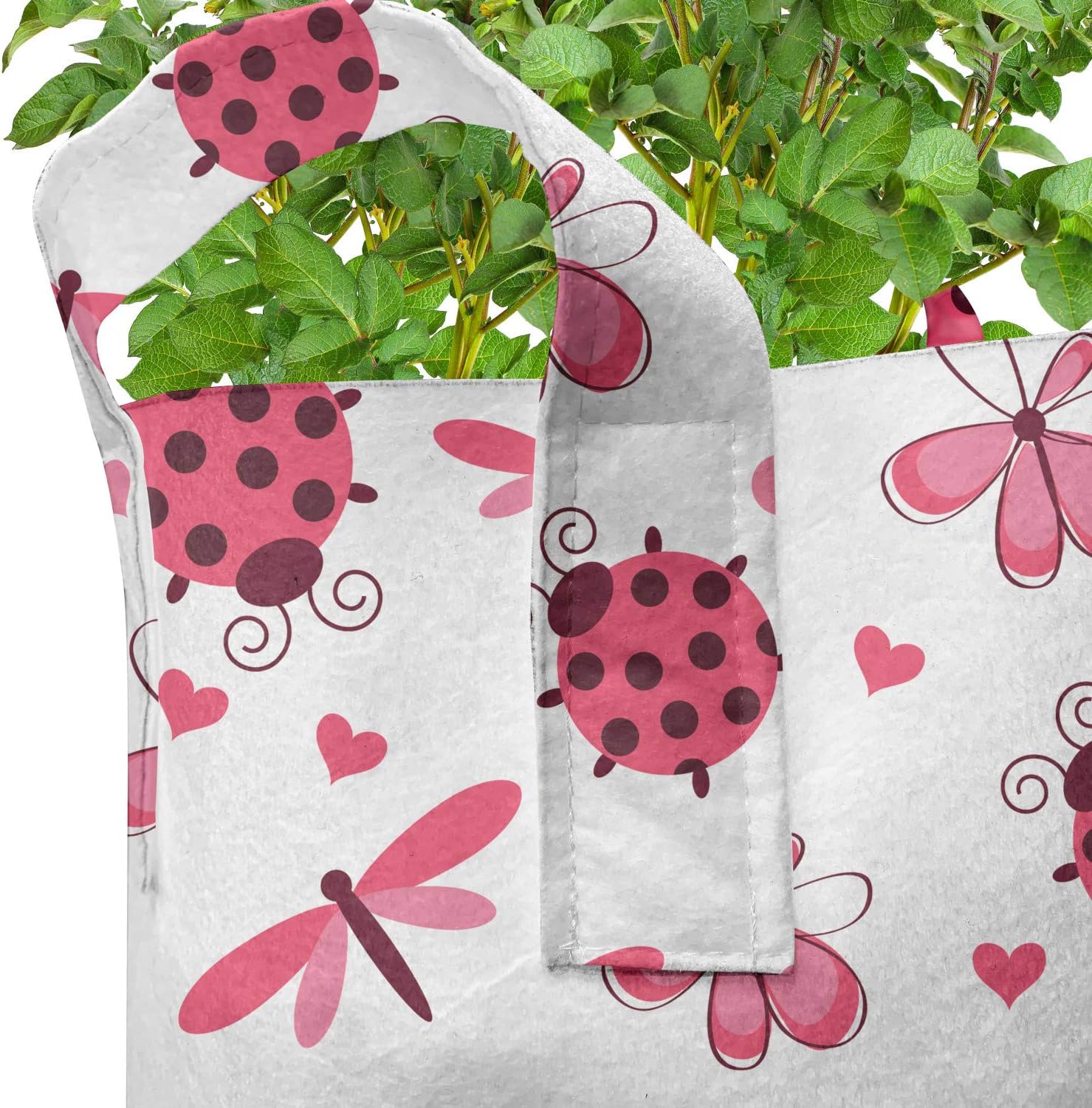 Ambesonne Cartoon Grow Bags 5-Pack, Dragonfly Ladybugs Hearts, Heavyduty Fabric Pots with Handles for Plants, Red White
