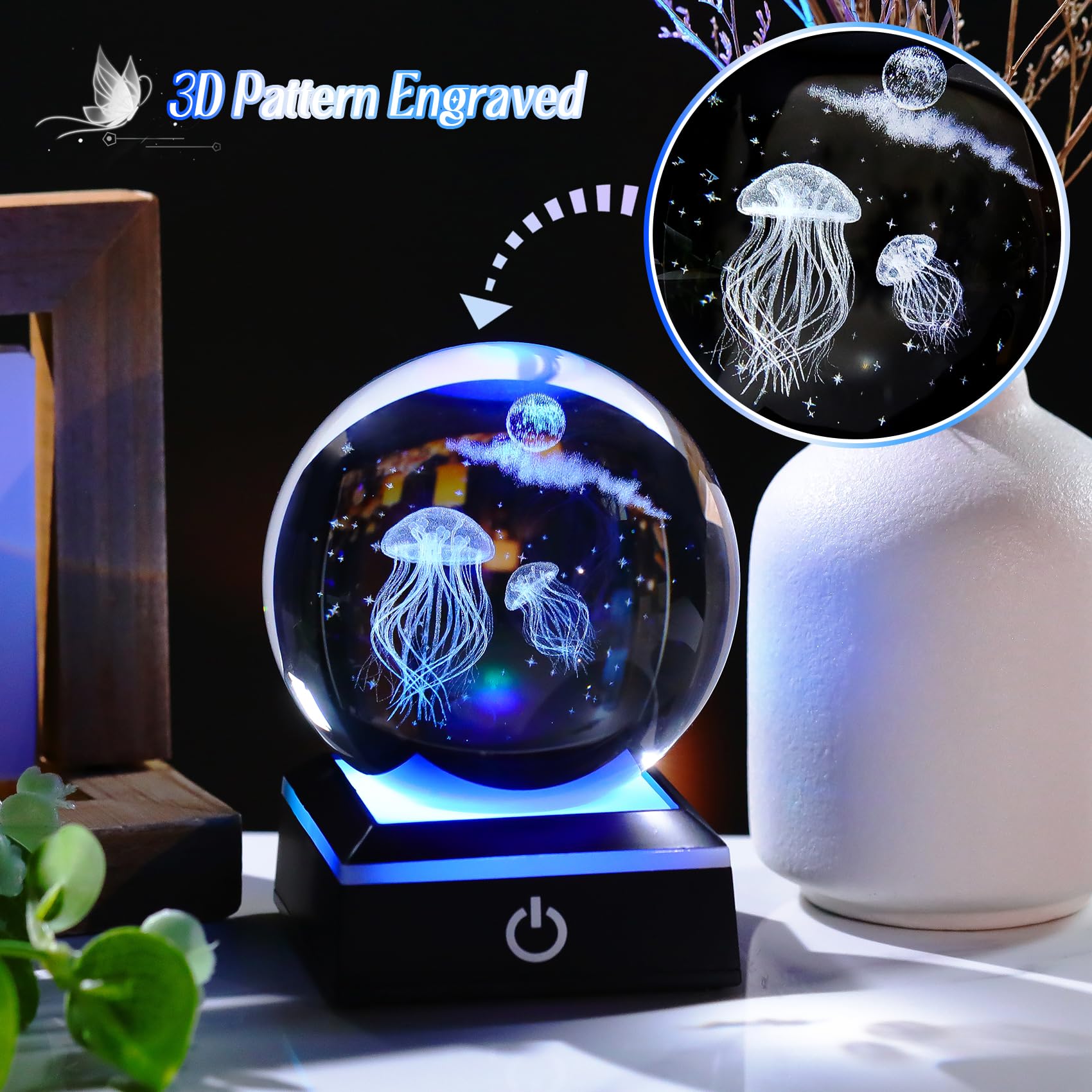 Movdyka 3D Jellyfish and Moon 3.15" Crystal Ball Gifts for Women Glass Sea Animal Art Sphere with LED Lights Base for Mum Sister Presents for Ocean Lovers Home Ornaments Paperweight - Image 2