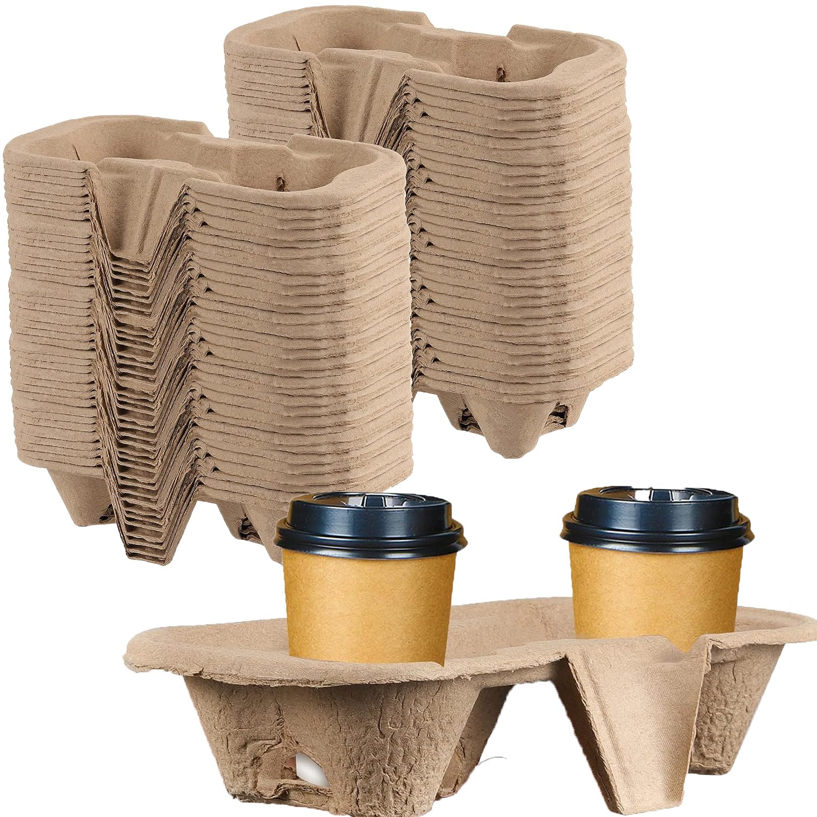 HAKZEON 100 PCS 2 Cup Pulp Fiber Drink Carrier, Biodegradable Drink Carrier Trays for Beverage Transportation, Great for Coffee Shops, Grocery Stores, Takeaway Restaurants, Drink Shops, Juice Ba