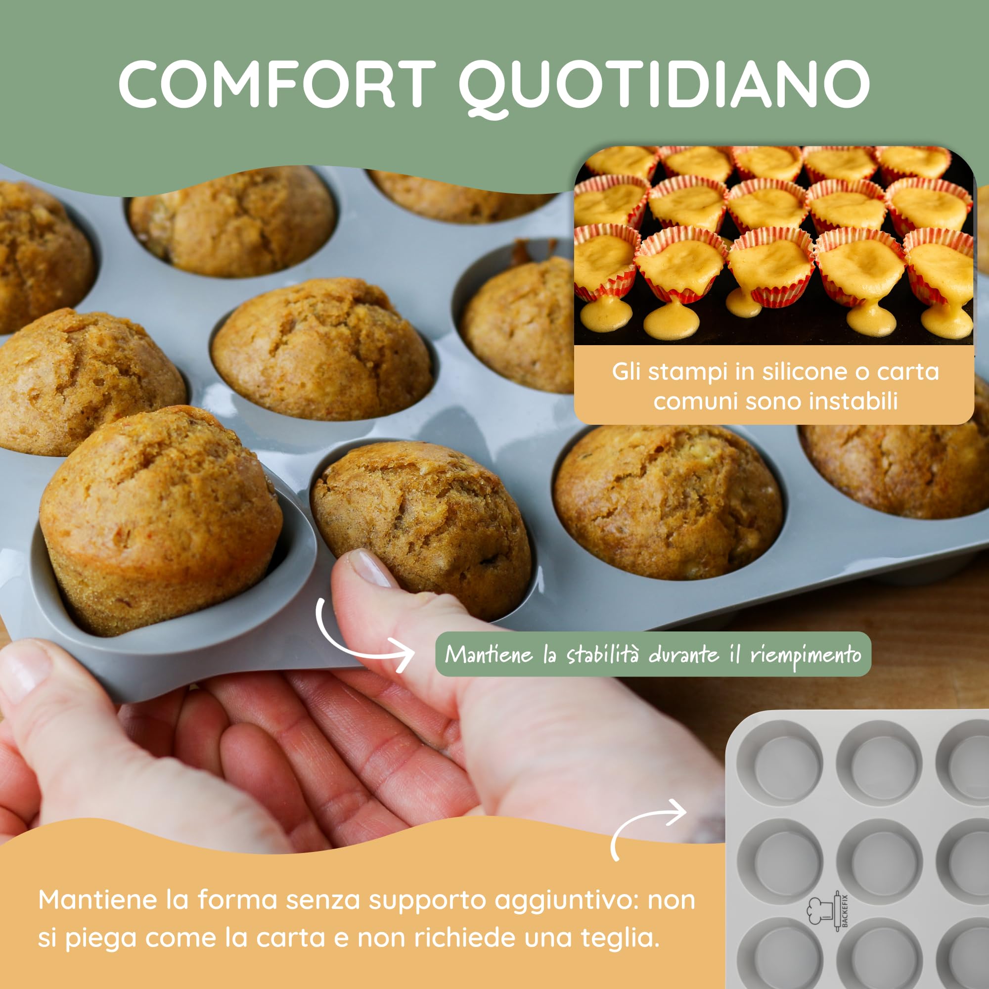 Backefix teglia per muffin in silicone 12 Flexi – stampo per muffin con 12 cavità, 80 ml ciascuna, antiaderente, senza pirottini, silicone platino, senza BPA & PFAS, lavabile in lavastoviglie, grigio