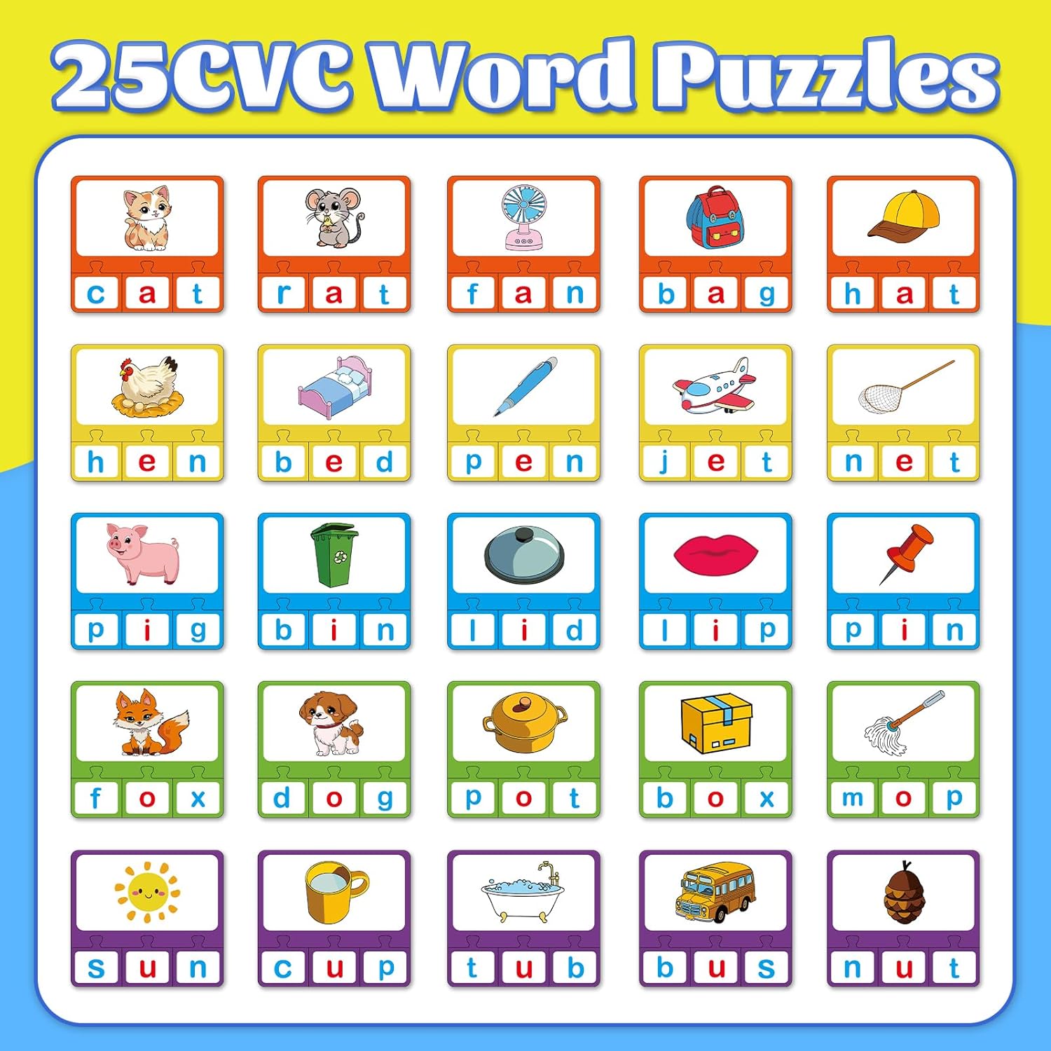 CVC Word Puzzles for Kids, 25 PCS Alphabet Letter Puzzle, CVC Words Building Games, Speech Therapy Materials for Toddler, Learning Spelling Game, Preschool Kindergarten Classroom Must Haves