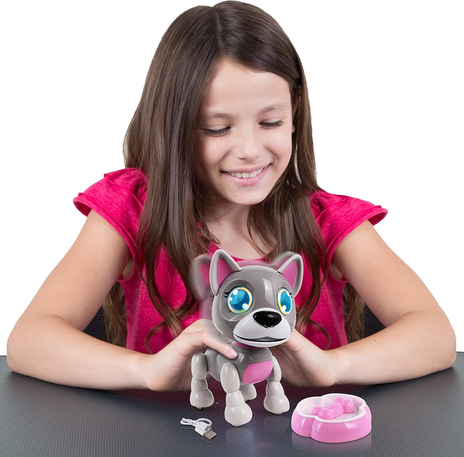 NKOK USB PetBotz - Robo Puppy, Rechargeable, Miniature, Interactive pet Robot, Lights up, Sound Activated, Makes Noises on Command, Comes with pet Bowl and Bone, USB Charger Included