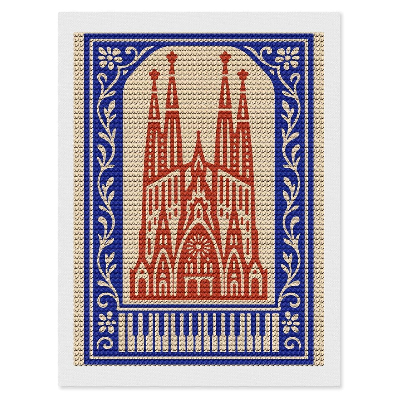 Junmoney Sagrada Familia Illustration with Floral Border Diamond Art Kit 12"x16", Creative Leisure Activity, Complete Accessories, Vintage Style Decor, for Women