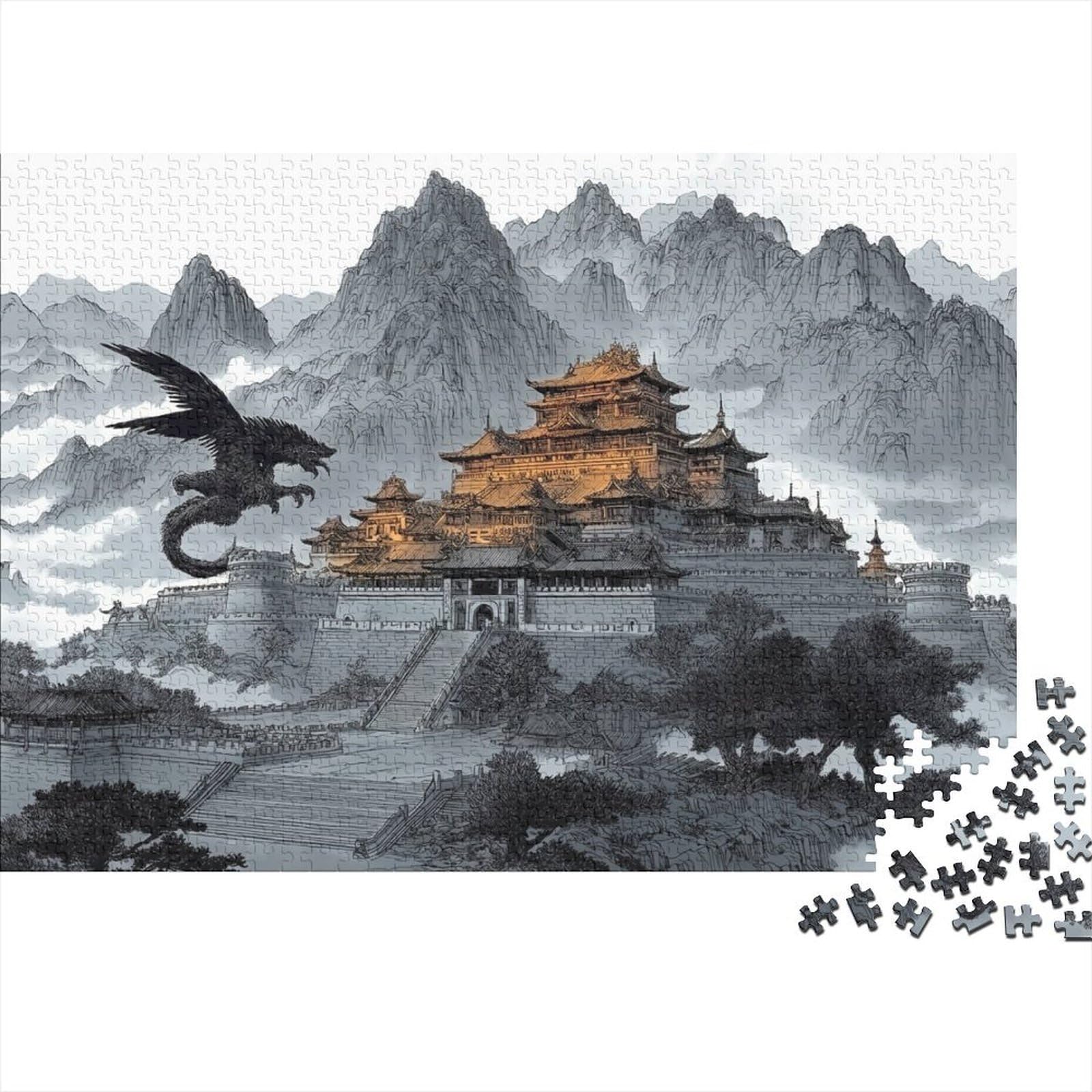 Ancient Asian Castle 1000 Piece Jigsaw Puzzle Paper Adult Suitable Dragon Mountain Scene Jigsaw Puzzle for Adults Focus Boost Home Decor Gift 52x38cm/1000pcs