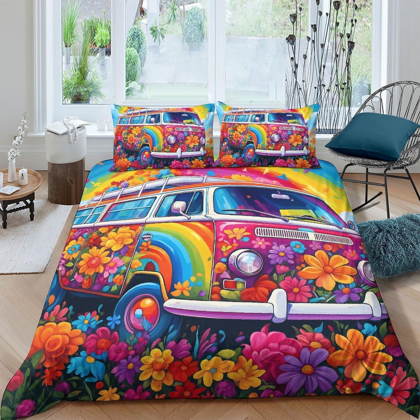 GPLZQXKJNH 3D Printed Rainbow Flower Duvet Cover Microfiber Soft Hippie Car Bedding Set with 2 Pillowcases for Bedroom Decor Single（135x200cm）