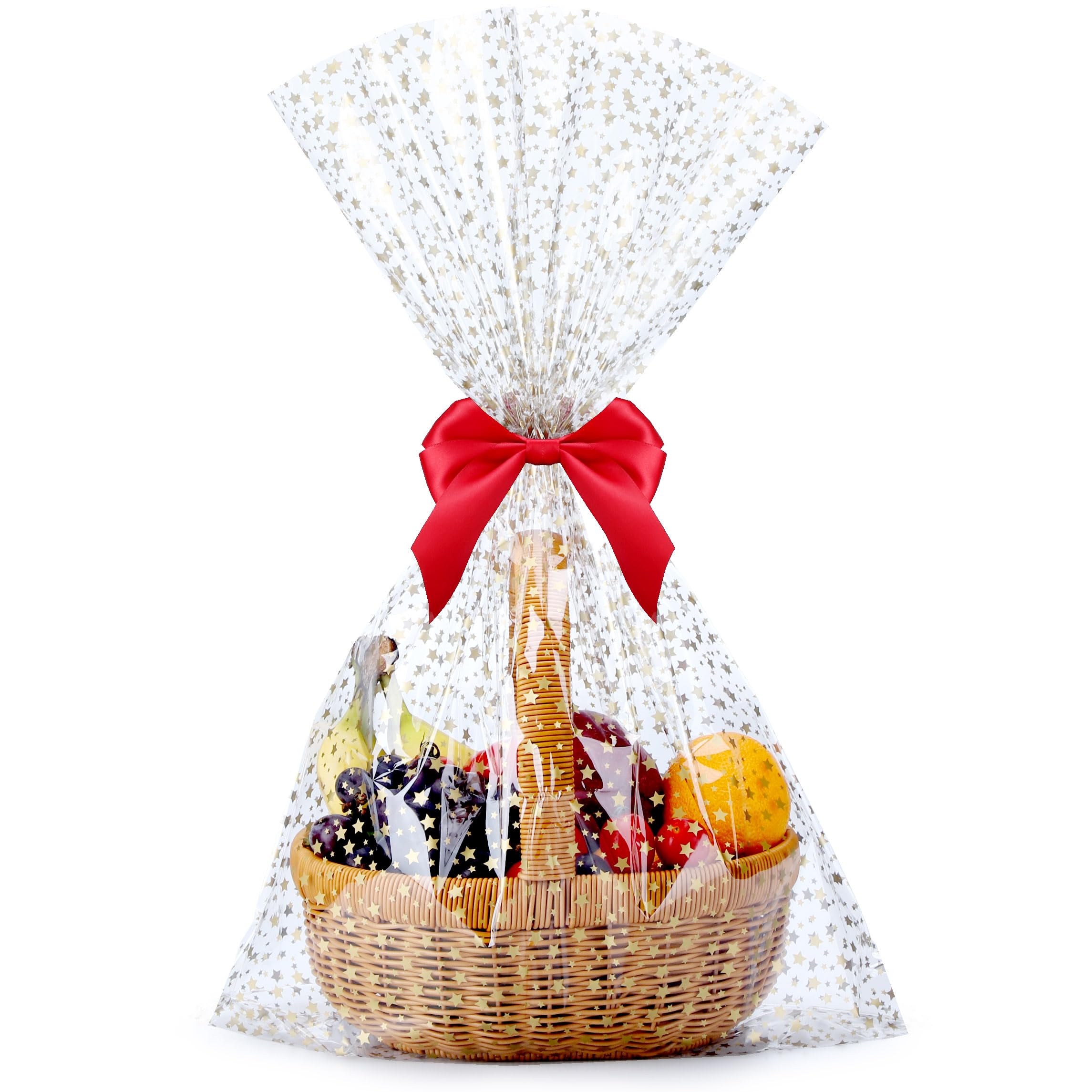 Voikinfo Sacchetti Regalo Grandi In Cellophane Trasparente, 40 X 61 Cm, Con Stella Dorata, 20 Pezzi, Con Laccetto Dorato-image