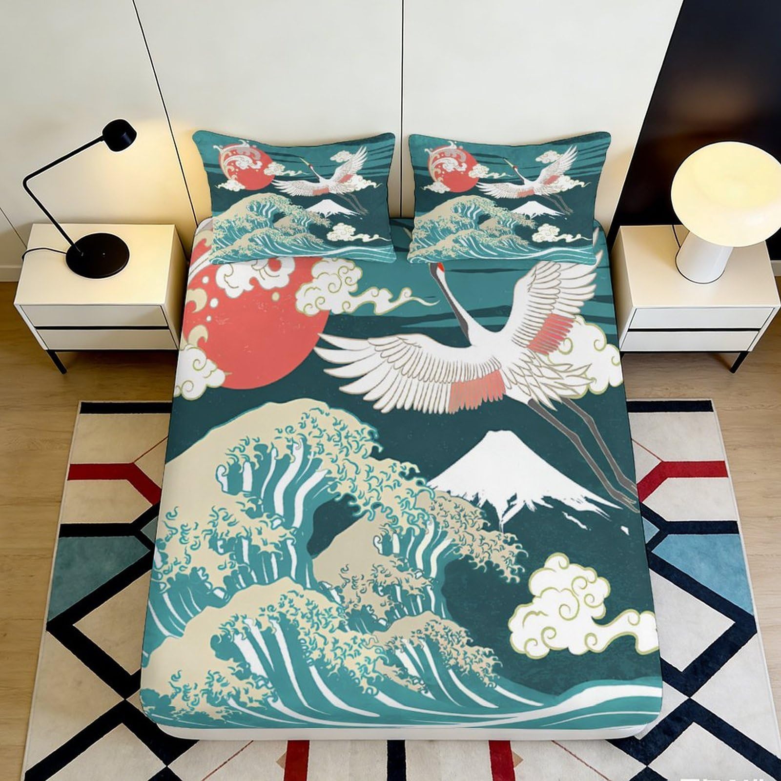 3D Printed Japanese Crane Fitted Sheet Microfiber Soft Breathable Mount Fuji Mattress Cover for Bedroom Guest Room Decor 120x200x25cm