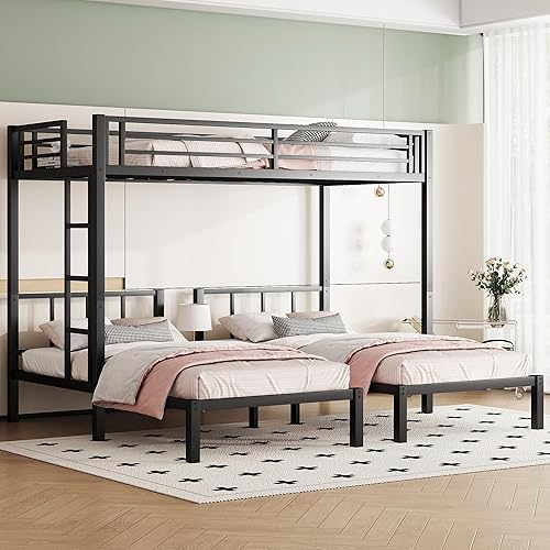 Twin Size Triple Bunk Bed for 3 Kids, Heavy Duty Metal Triple Bunk Bed with Safety Fence, Heavy Duty Triple Beds for Kids, Teens, Black