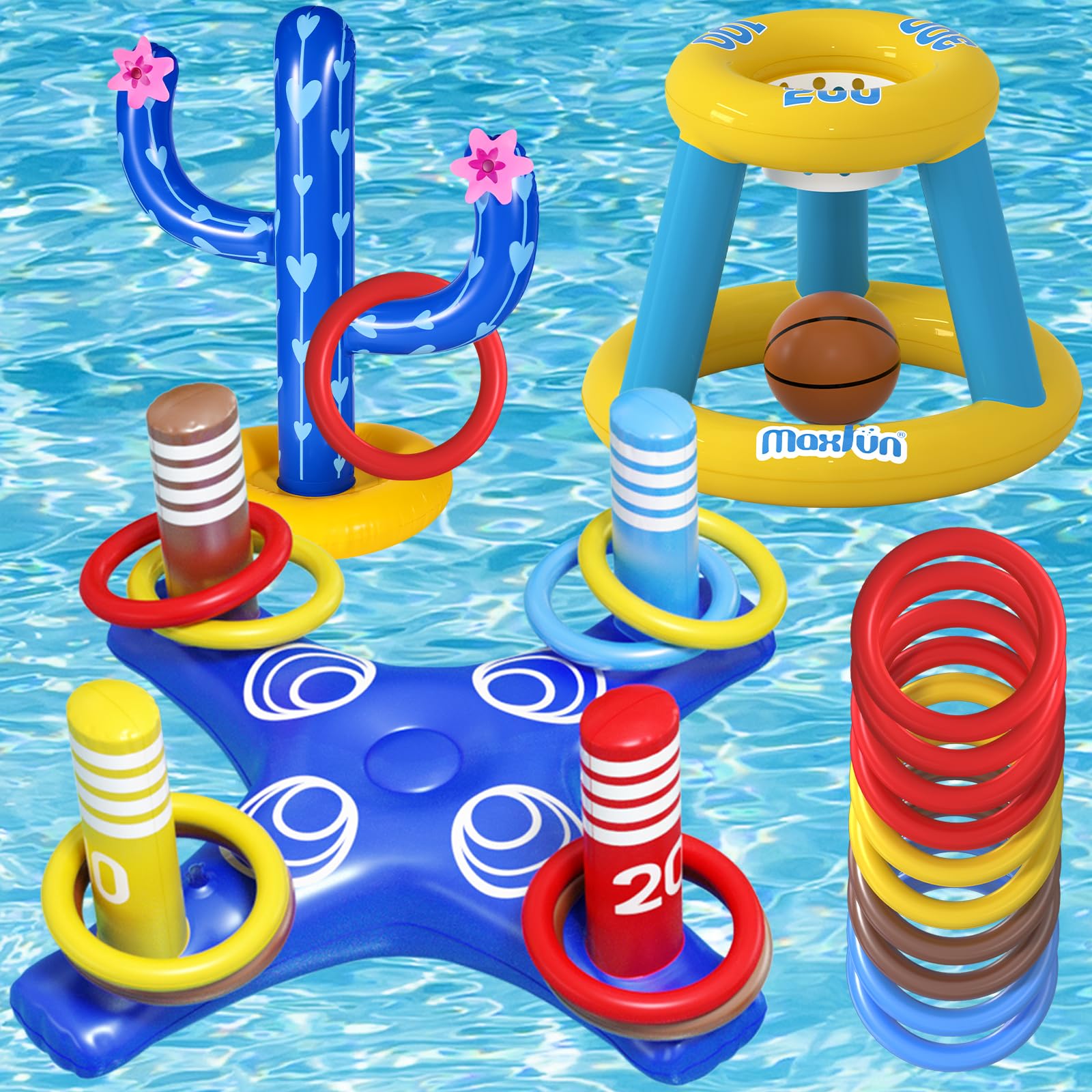 - Max Fun Pool Toys Games Set, Inflatable Cross Ring Toss Games, Floating Pool Basketball Hoop, Inflatable Cactus Pool Floats for Kids Teens Adults Swimming Water Toys (3-Piece Set)