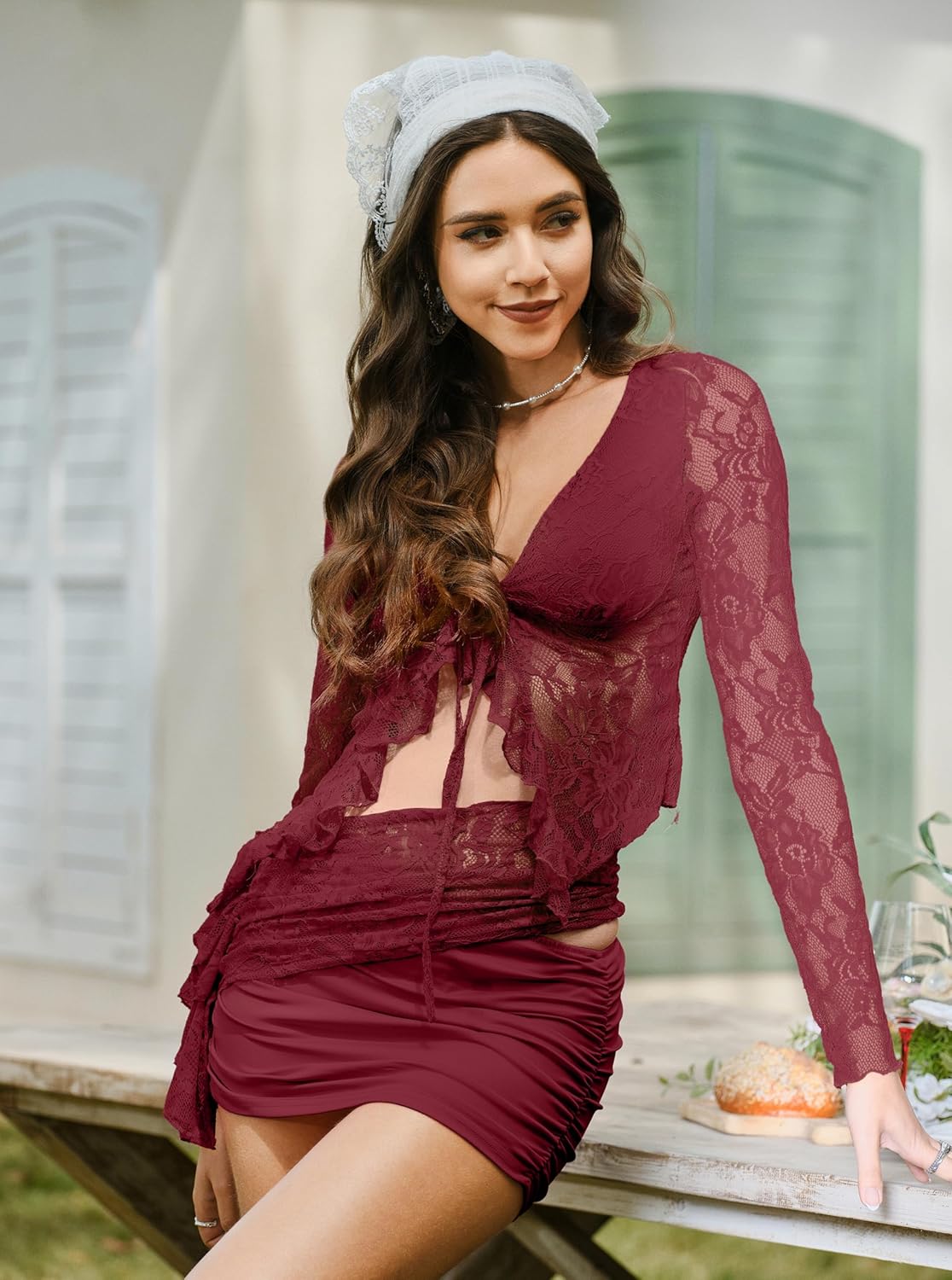 CSDAJIO 2 Piece Outfits for Women Floral Lace Open Front Tie Up Long Sleeve Crop Top Blouse Shirt and Mini Skirt Set - Image 3