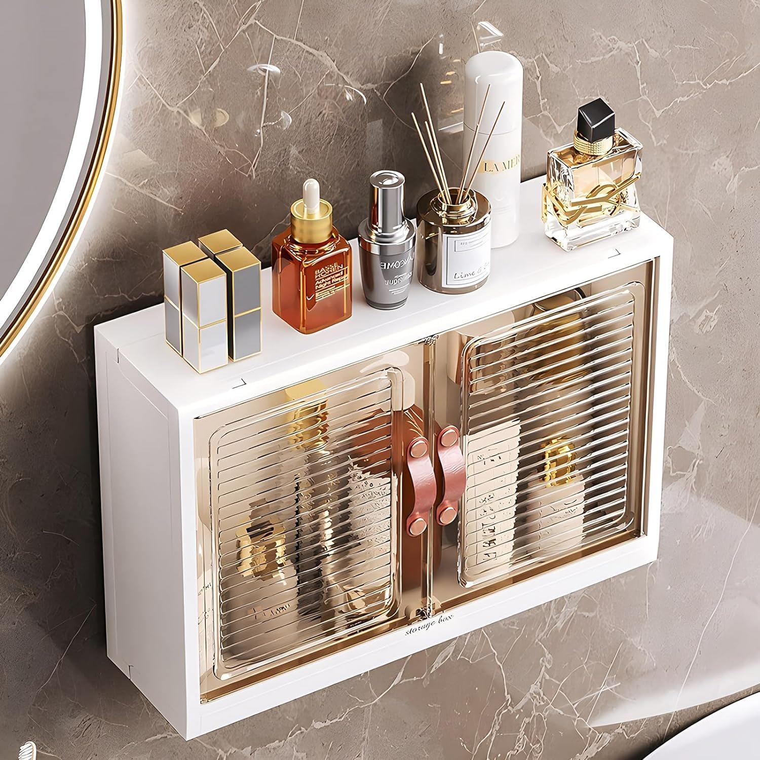 Bathroom Shelf Wall Mounted,Bathroom Organizers and Storage, 2-Tier Over The Toilet Storage Rack, Kitchen Cabinet Cosmetics Makeup Organizer w/Door&Hooks,Utility Shelves for Bathroom Kitchen