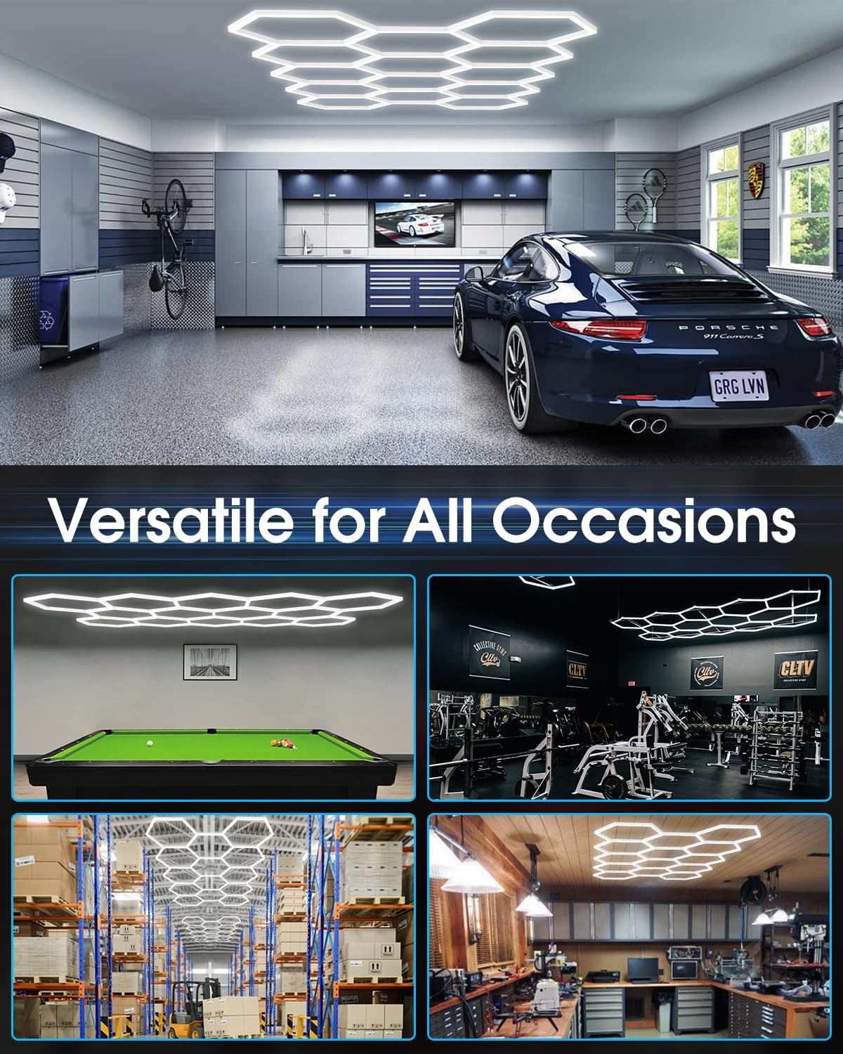 Hexagon Garage Lights 456W 50160LM,14 Grids LED Hexagon Light,7000K Honeycomb Lights for Garage,Warehouse,Car Detailing Shop,malls,Gym