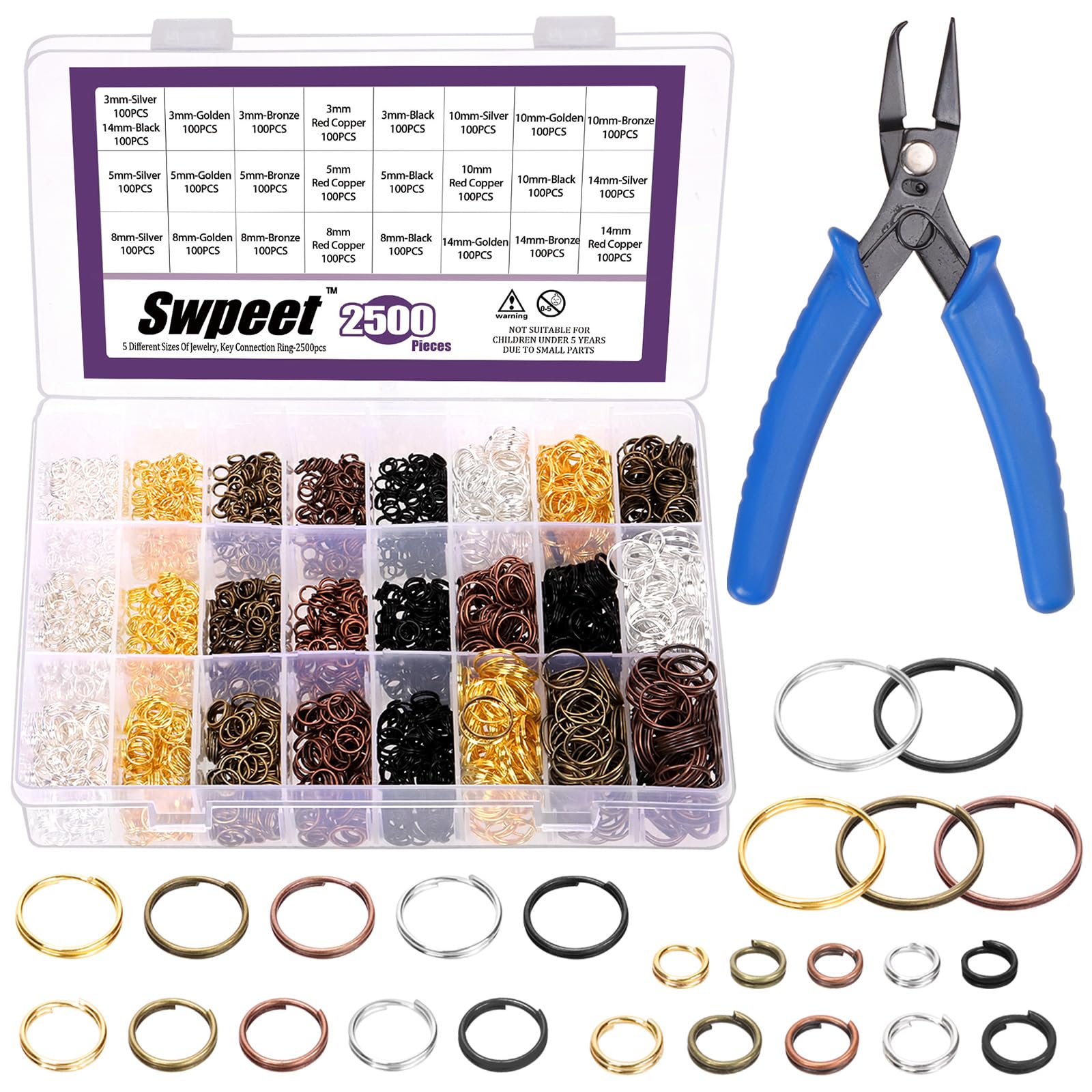 Swpeet 2501Pcs Colorful 5 Sizes 3MM 5MM 8MM 10MM 14MM Small Metal Split Rings Jump Ring Key Rings with Split Ring Opening Plier Kit, Double Closed Loop Jump Rings for Key Chains Jewelry Making