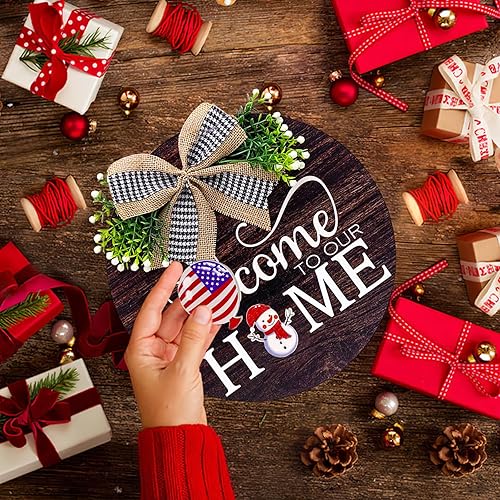 Vista 6 de Letrero de bienvenida de temporada intercambiable, decoración de puerta delantera, corona redonda de madera para exteriores, granja, porche, Marrón