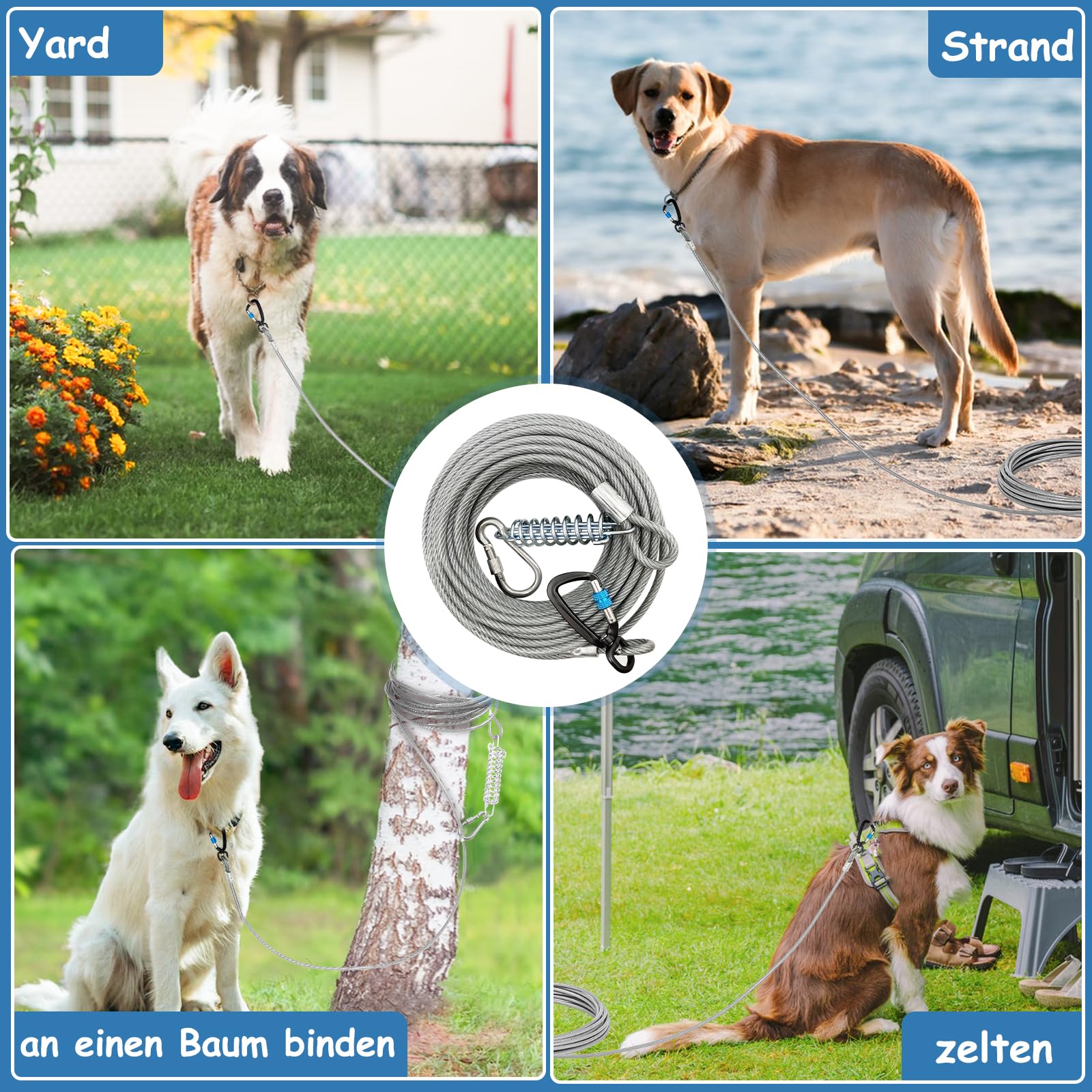 Hofleine für große Hunde,Tie Out Cables Leinen Hofleine für Hunde, stoßdämpfender Feder,langlebiger und Leichter Drehhaken für Hof und Camp,rostfreie Pet Leine für mittlere bis große Hunde,9 Meter